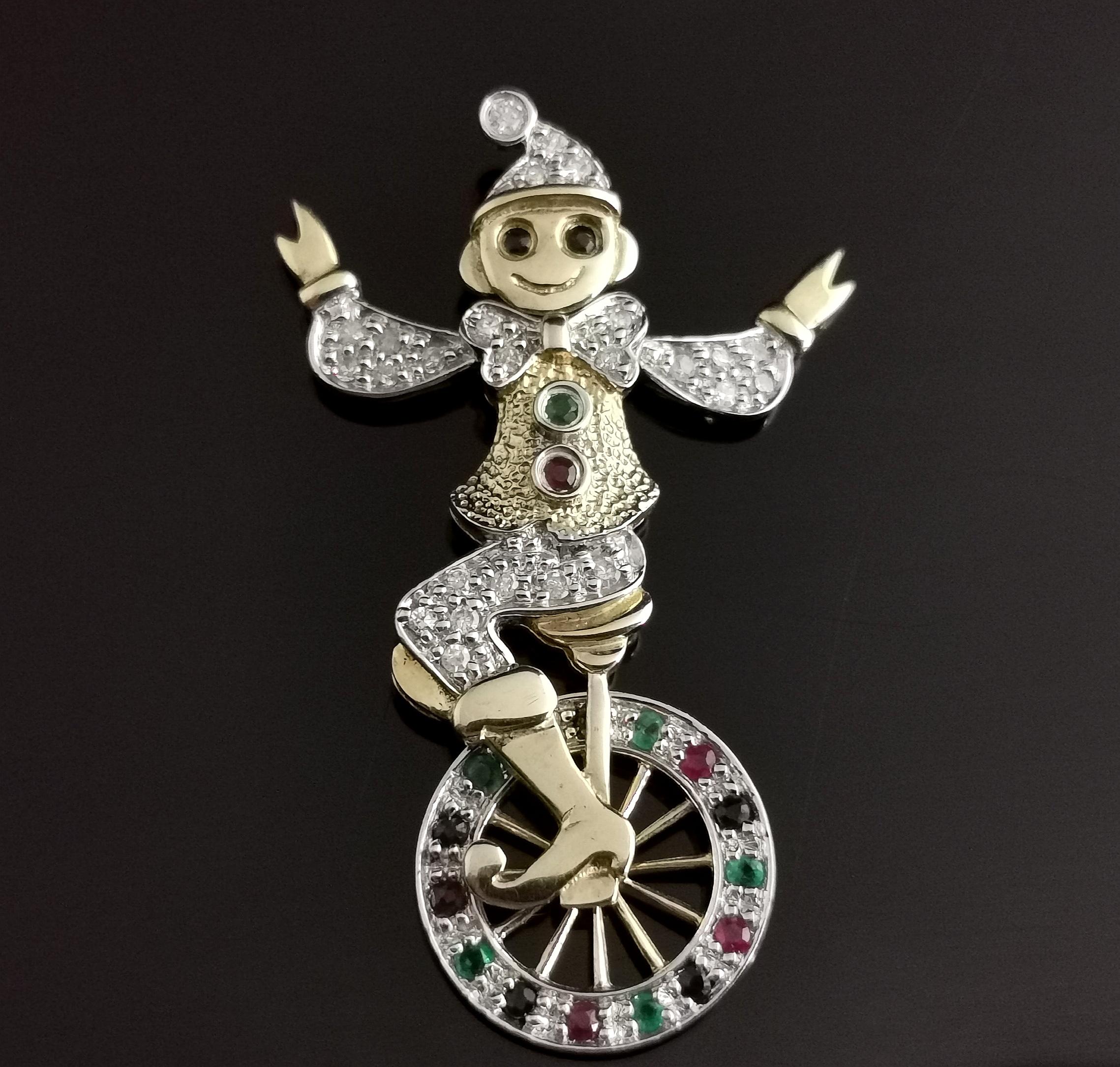 Vintage Clown and Unicycle Pendant, 9k Yellow Gold, Diamond, Emerald, Ruby In Good Condition In NEWARK, GB