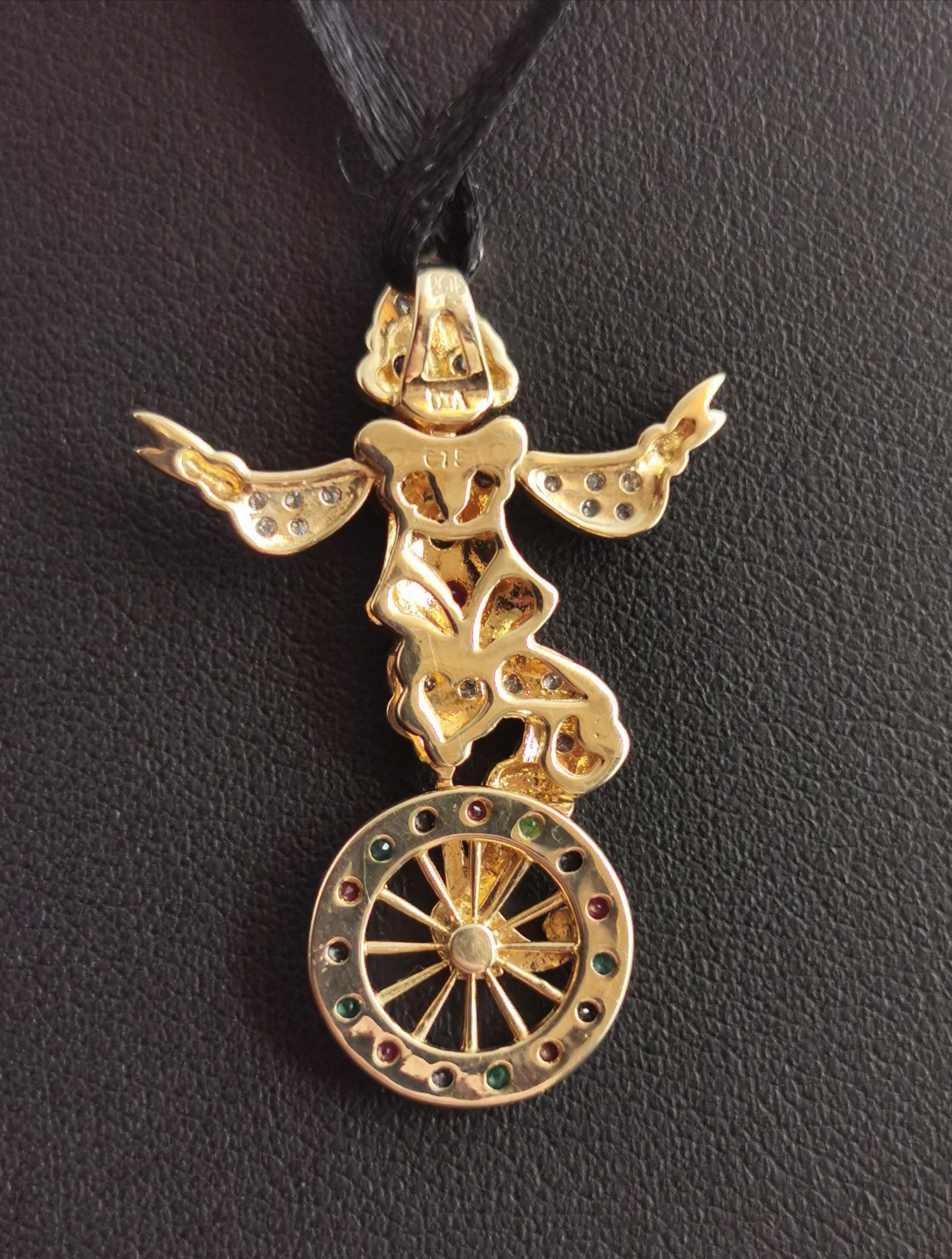 Women's or Men's Vintage Clown and Unicycle Pendant, 9k Yellow Gold, Diamond, Emerald, Ruby