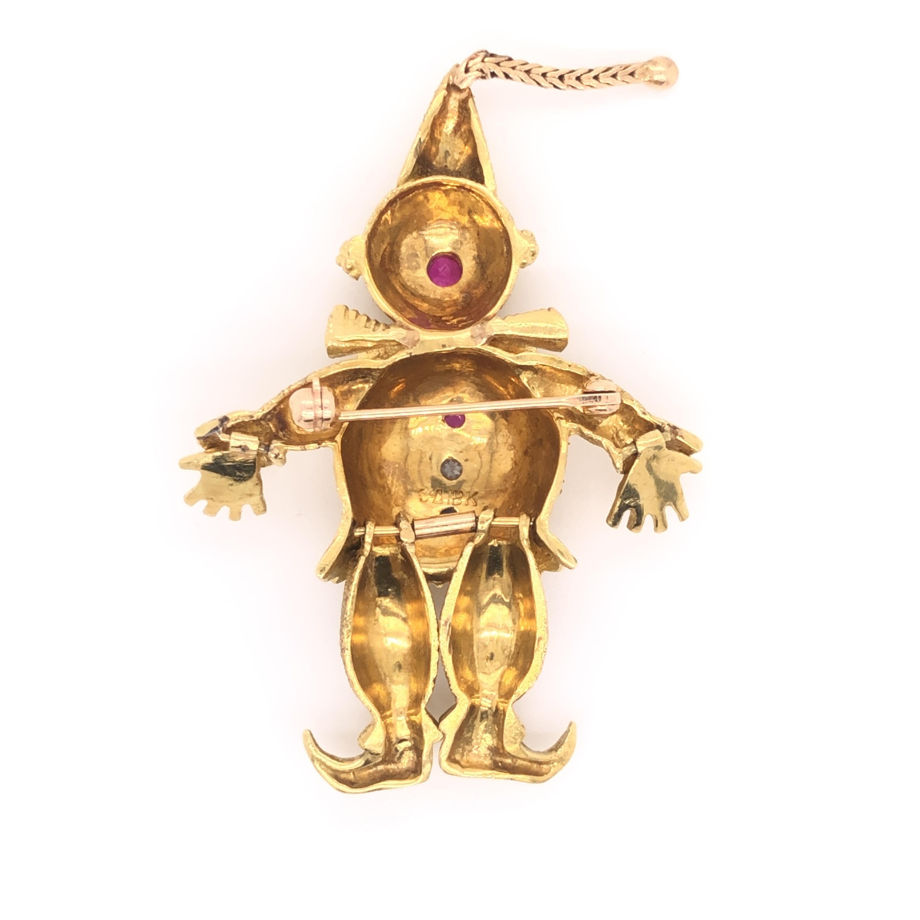 Taille ronde Broche clown vintage en or jaune 18 carats, diamants, rubis et saphirs en vente