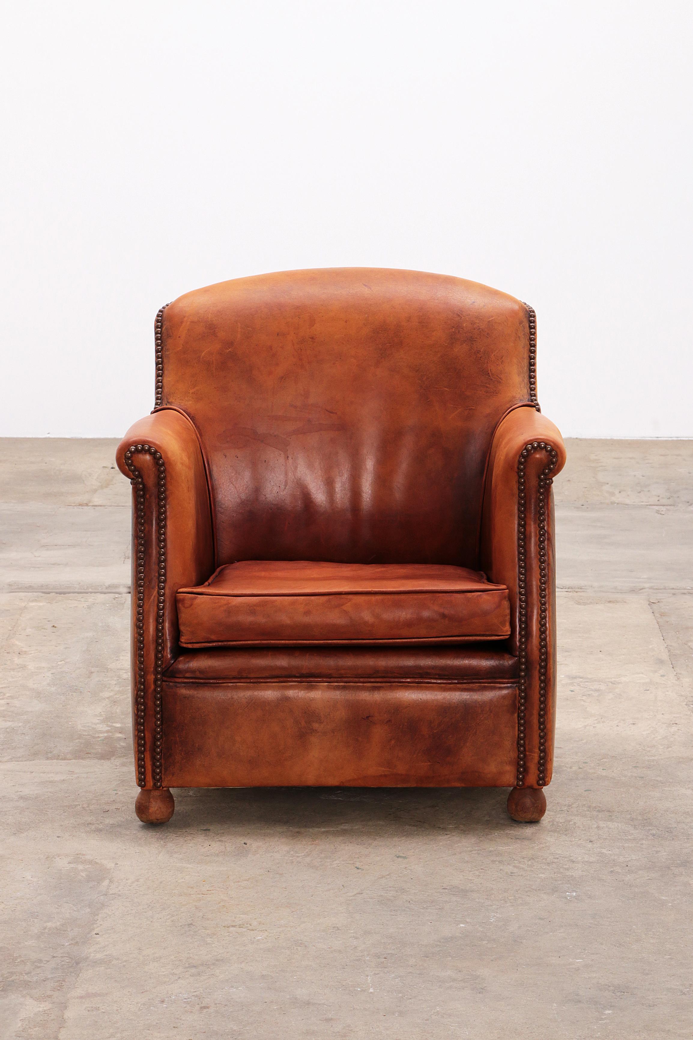 Dutch Vintage club armchair made of sheepskin with a beautiful patina, 1970 Netherland For Sale
