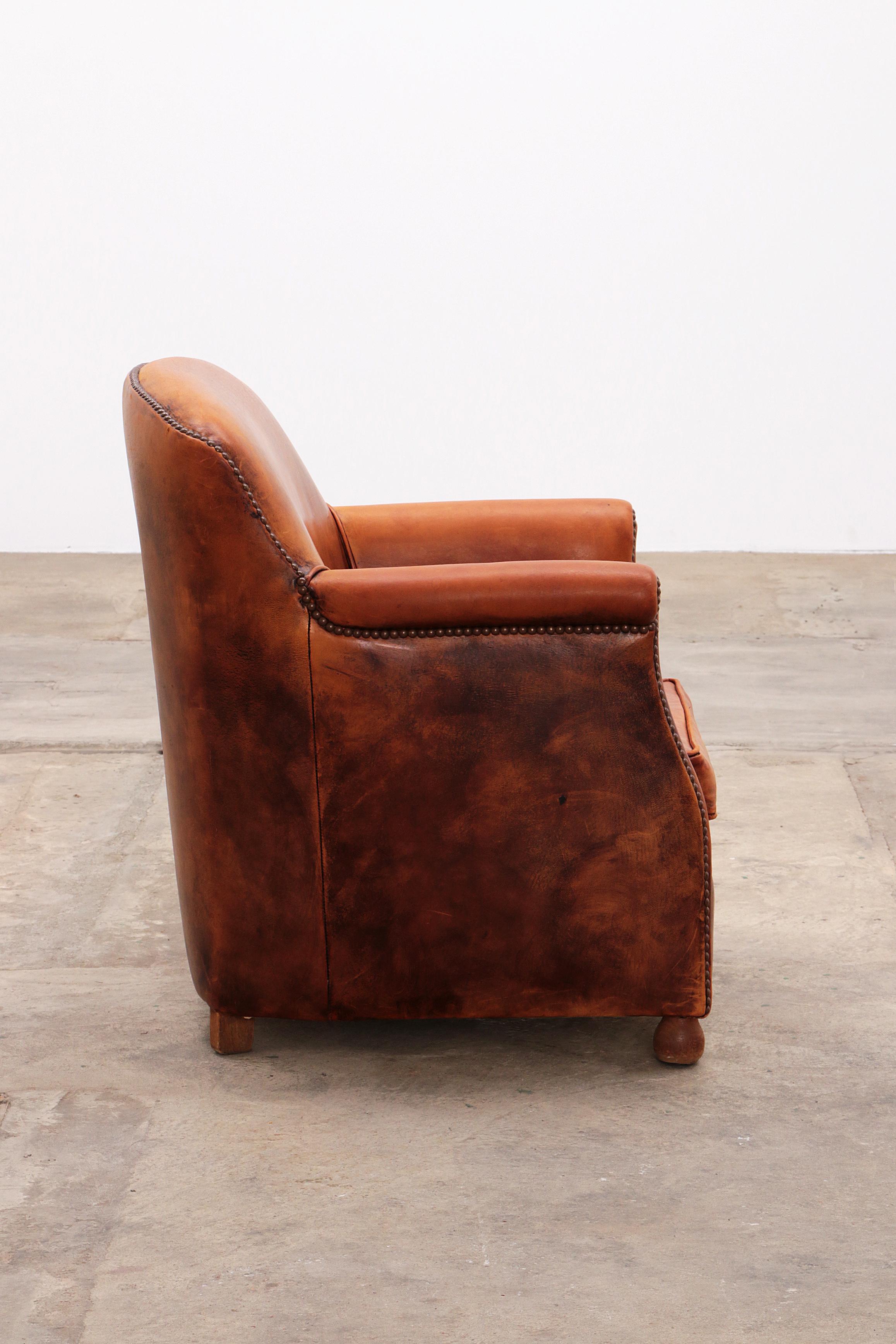Leather Vintage club armchair made of sheepskin with a beautiful patina, 1970 Netherland For Sale