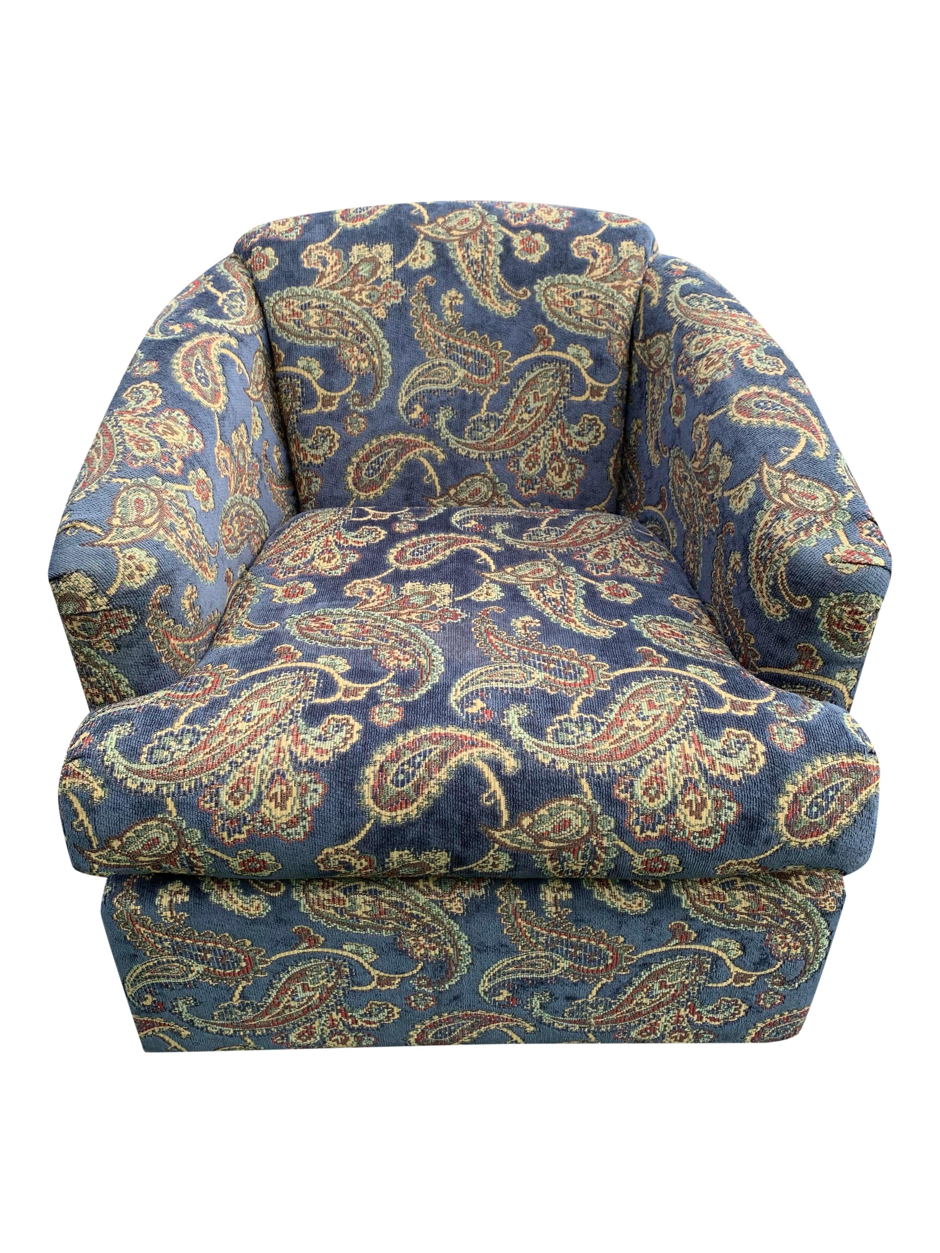 Modern Vintage Club Lounge Chairs in Paisley Fabric in Blue/Brown Color- a Pair For Sale
