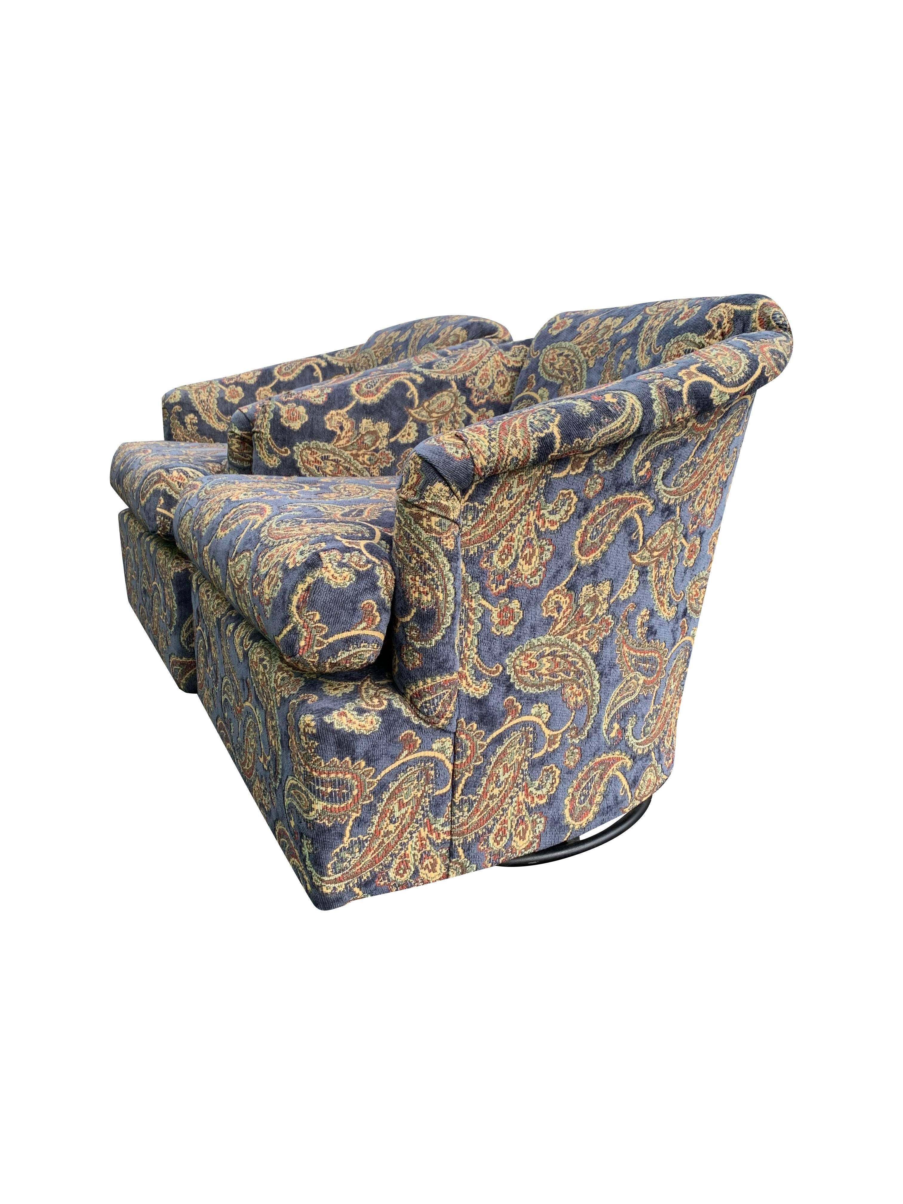 Vintage Club Lounge Chairs in Paisley Fabric in Blue/Brown Color- a Pair In Good Condition For Sale In Saddle River, NJ