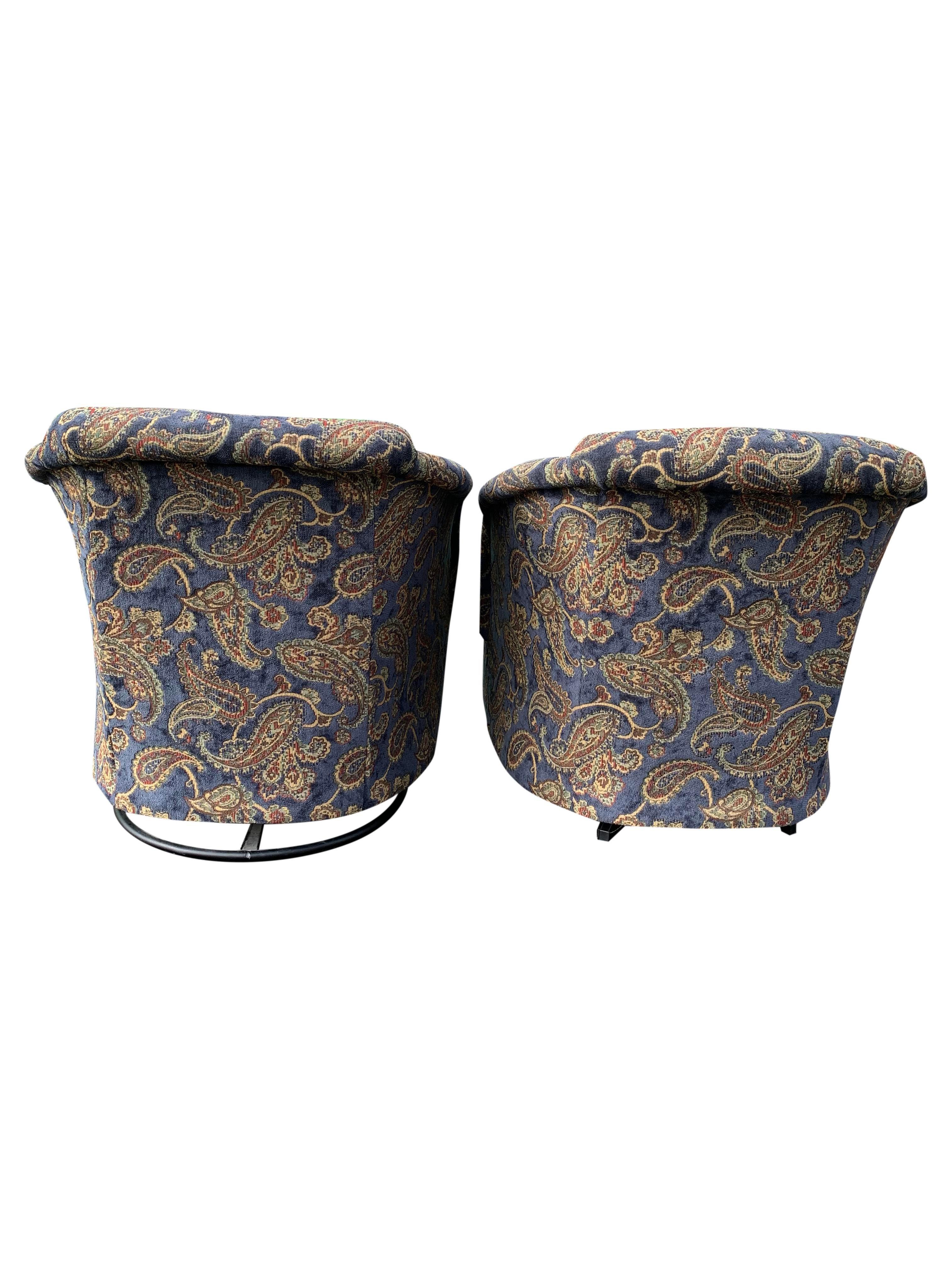 Late 20th Century Vintage Club Lounge Chairs in Paisley Fabric in Blue/Brown Color- a Pair For Sale