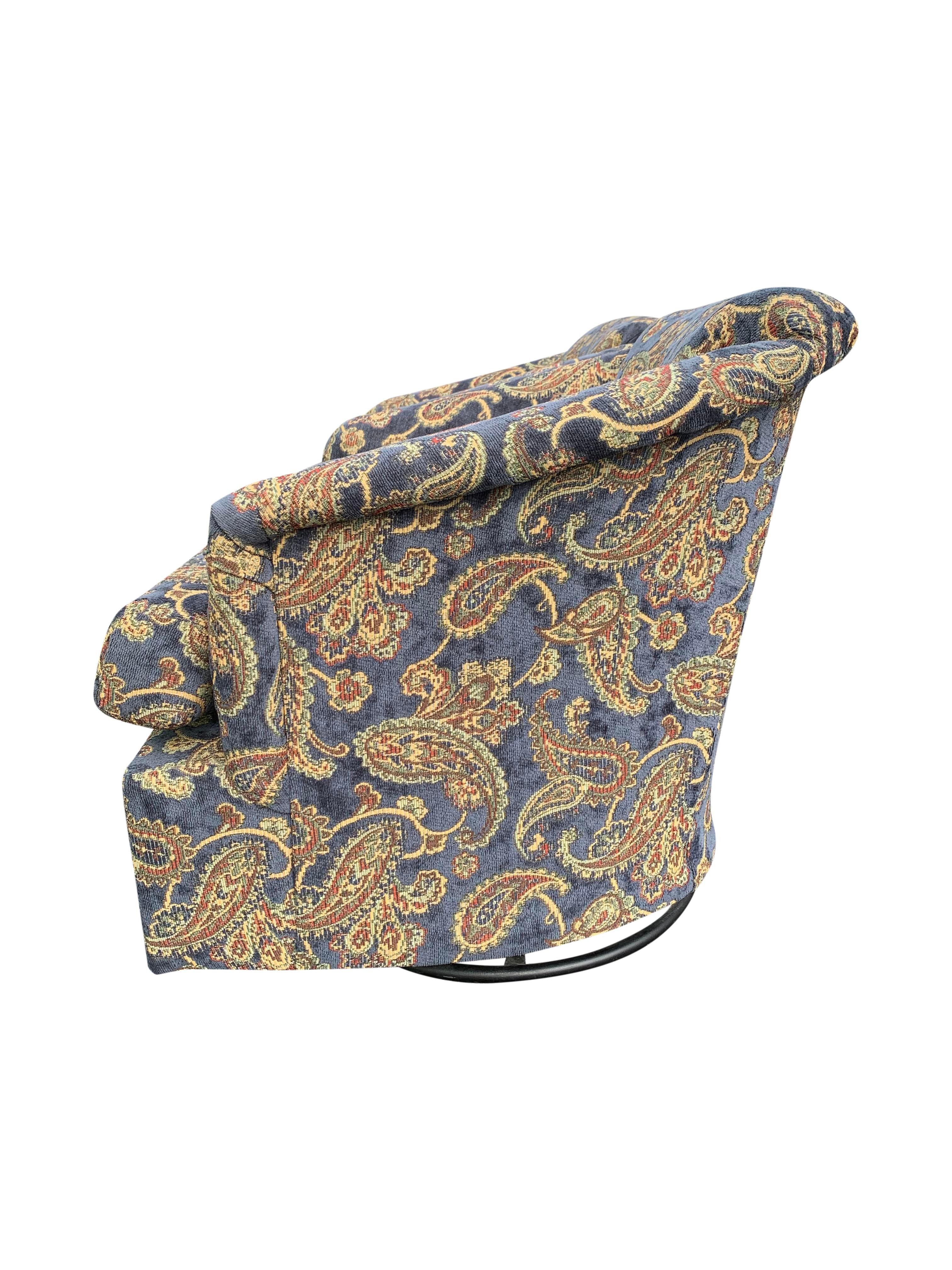 Vintage Club Lounge Chairs in Paisley Fabric in Blue/Brown Color- a Pair For Sale 1