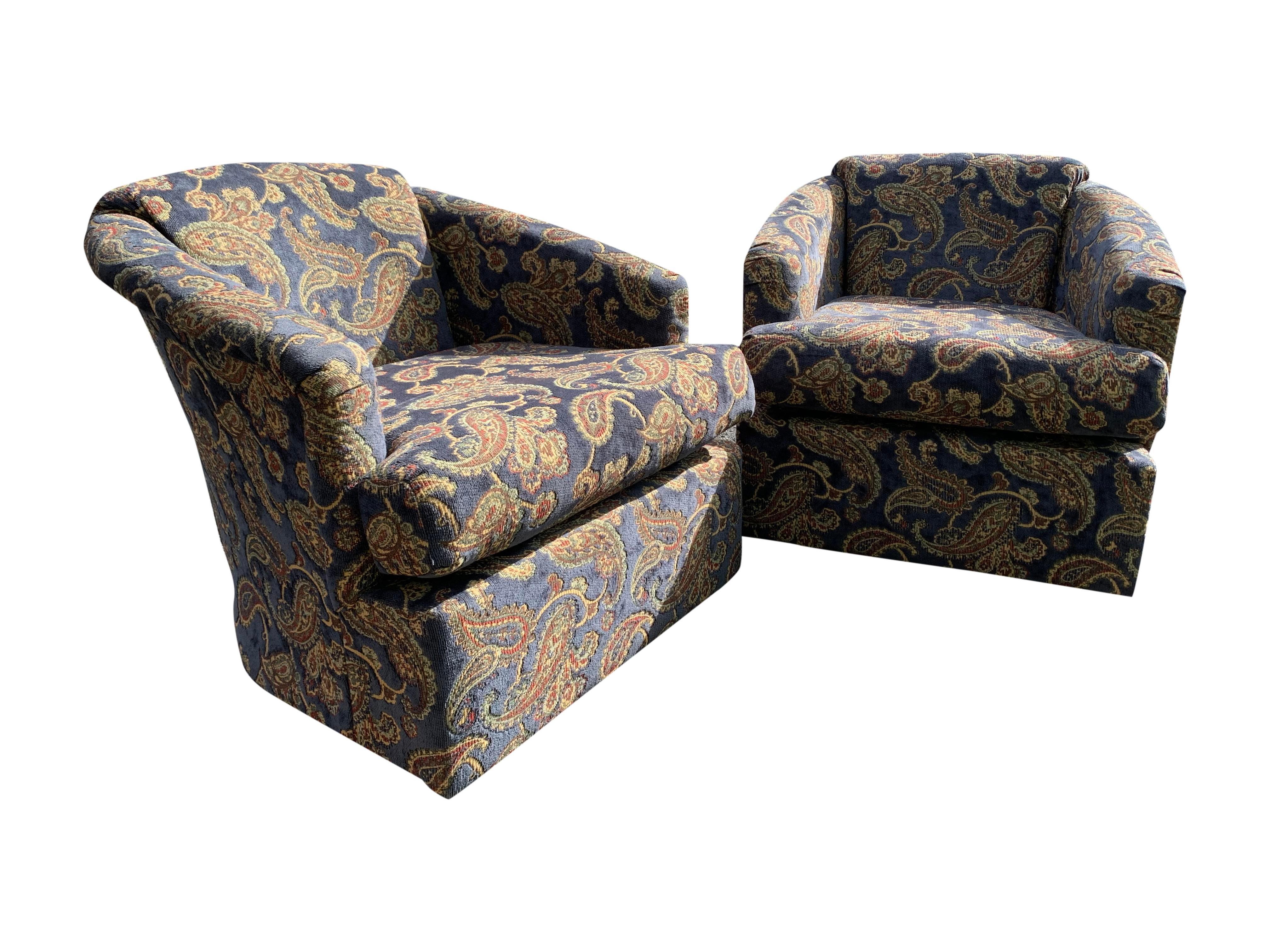 Vintage Club Lounge Chairs in Paisley Fabric in Blue/Brown Color- a Pair For Sale 2