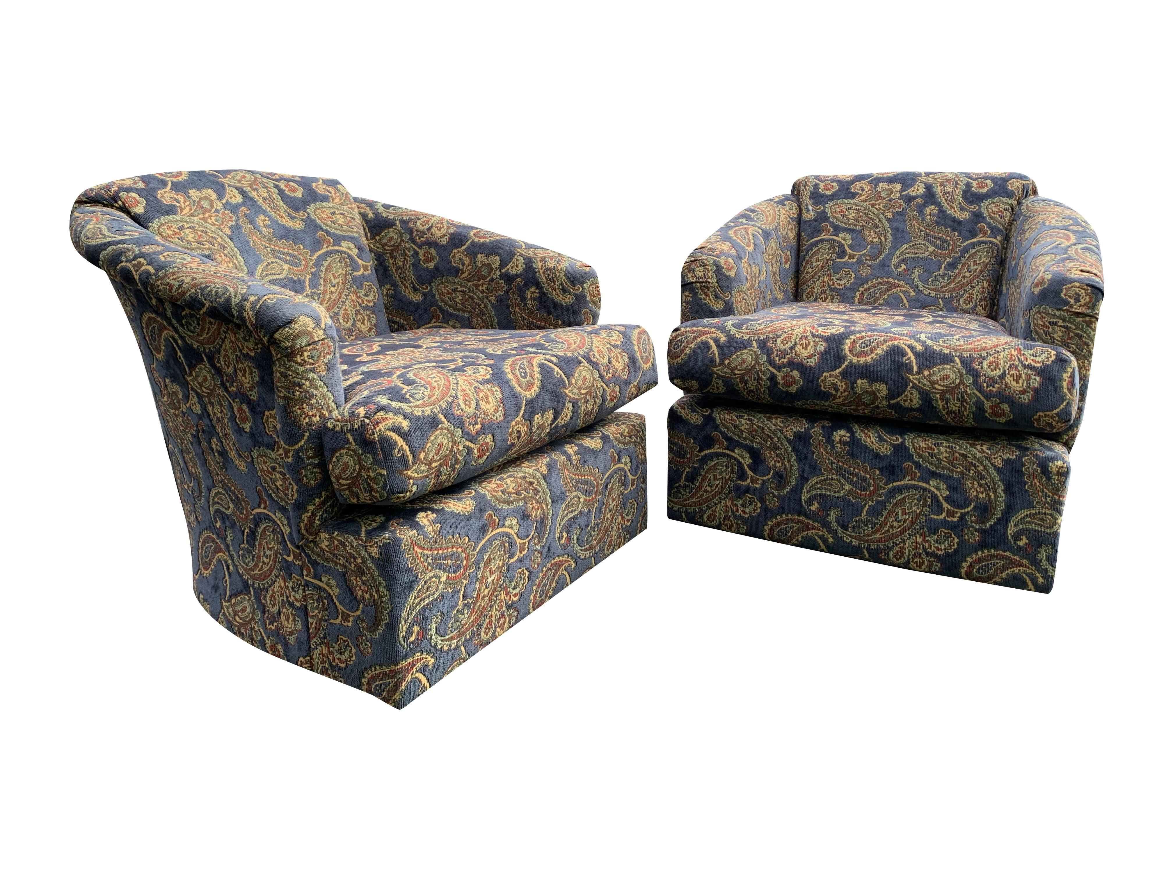 Vintage Club Lounge Chairs in Paisley Fabric in Blue/Brown Color- a Pair For Sale 4