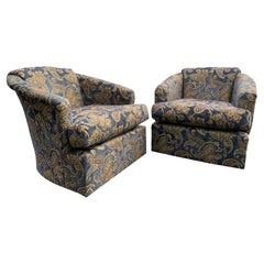 Vintage Club Lounge Chairs in Paisley Fabric in Blue/Brown Color- a Pair
