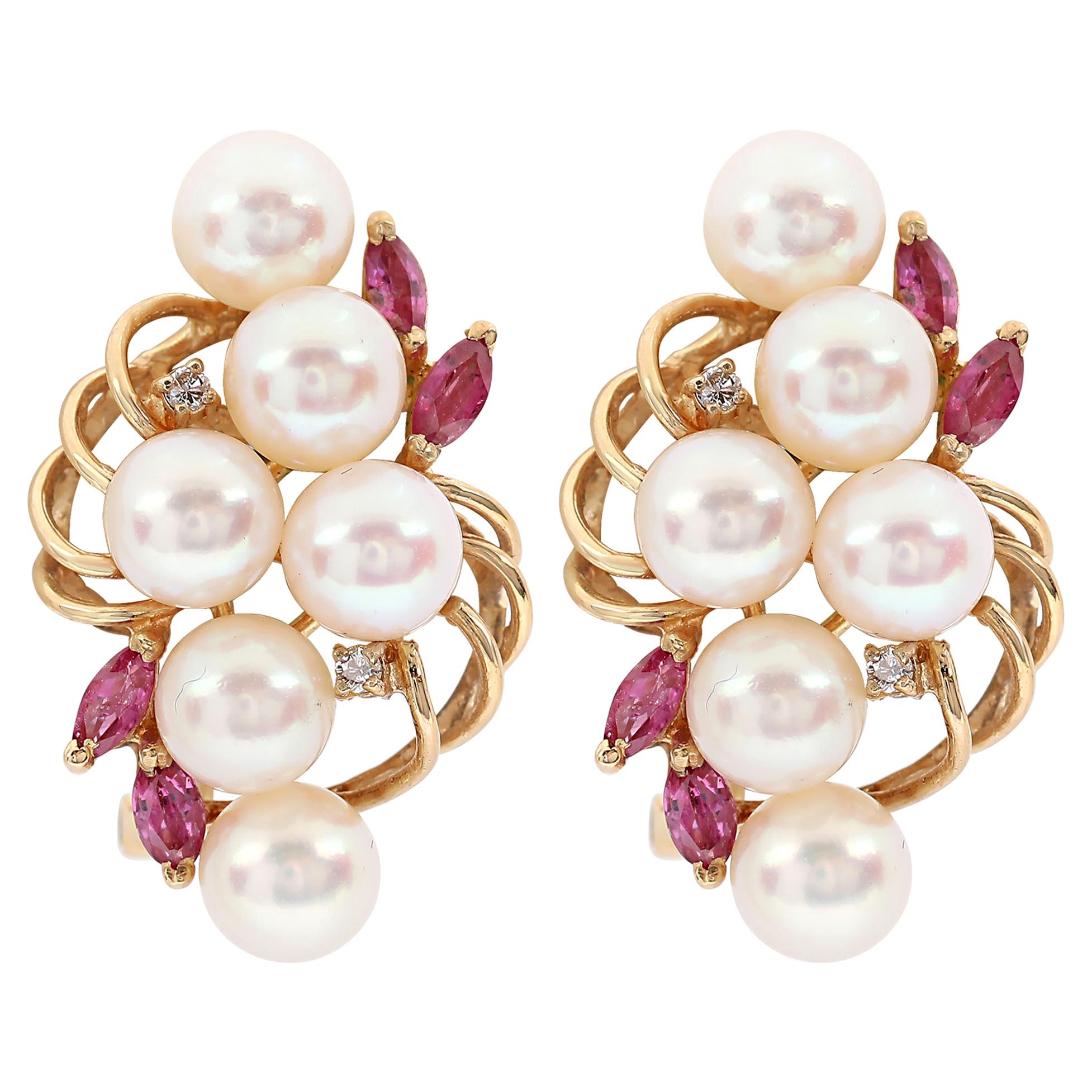 Vintage Cluster Pearl Ruby and Diamond Earrings