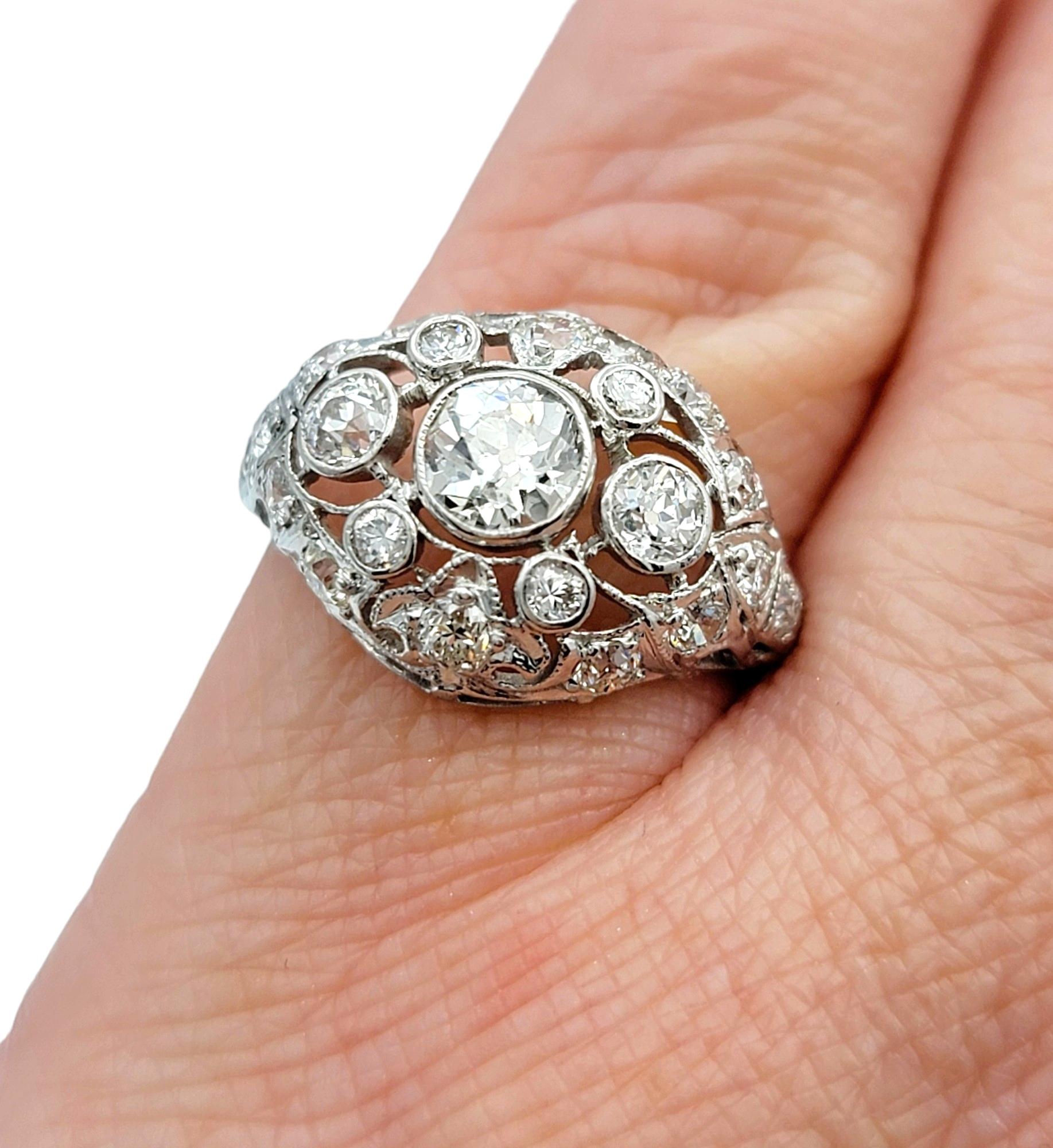 Women's Vintage Cluster Round Diamond Dome Cocktail Ring Set in 14 Karat White Gold For Sale