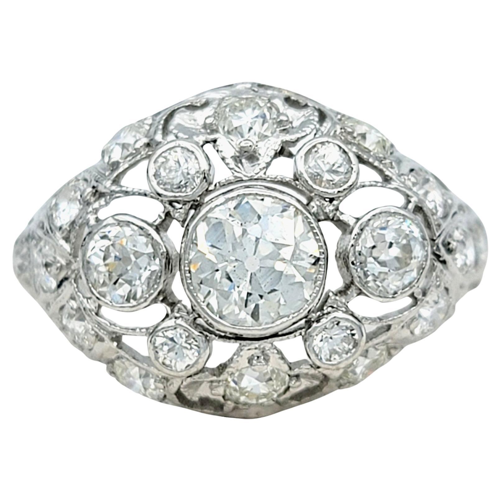 Vintage Cluster Round Diamond Dome Cocktail Ring Set in 14 Karat White Gold For Sale
