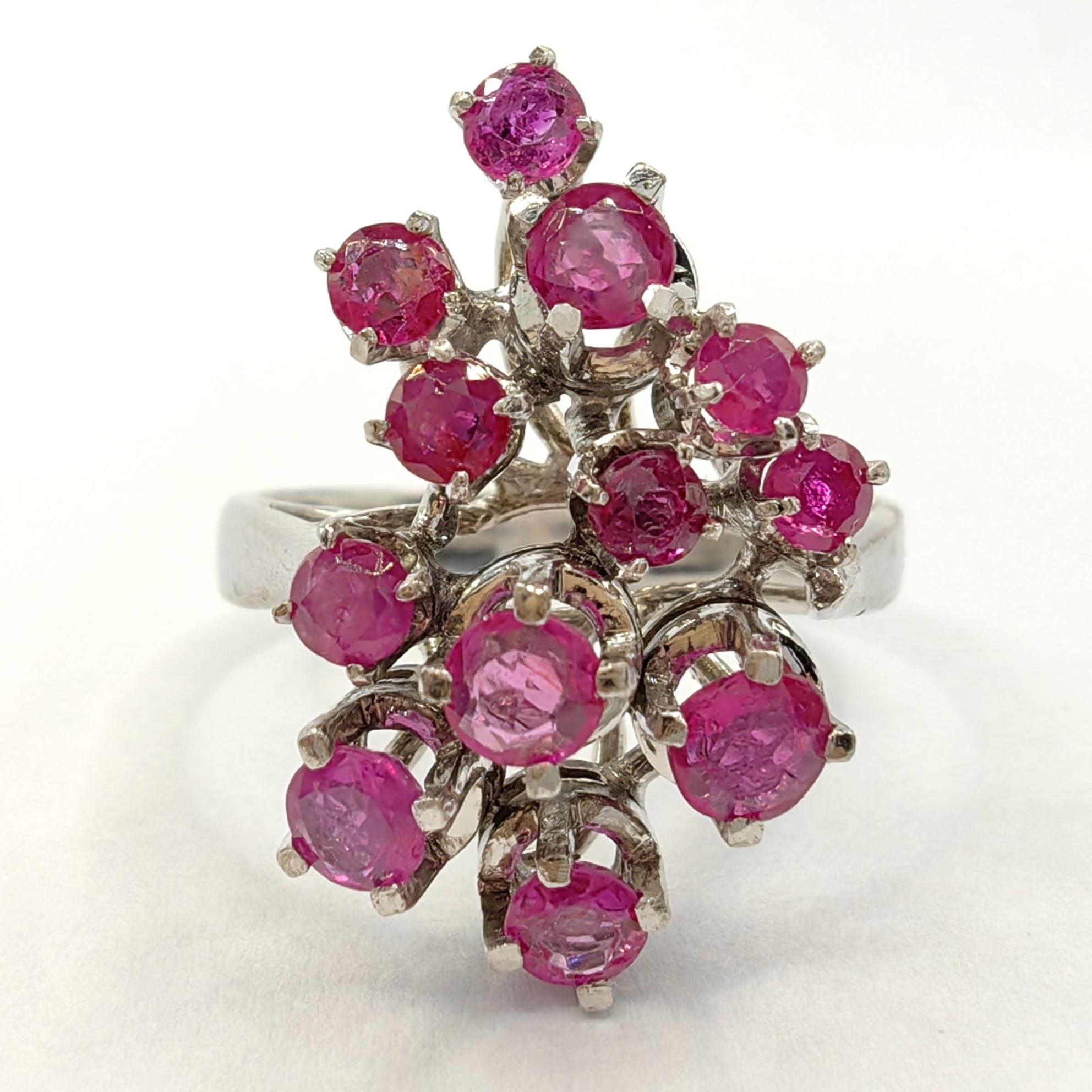 Contemporary Vintage Ruby Cluster White Gold Ring with 12 Round Cut Rubies For Sale