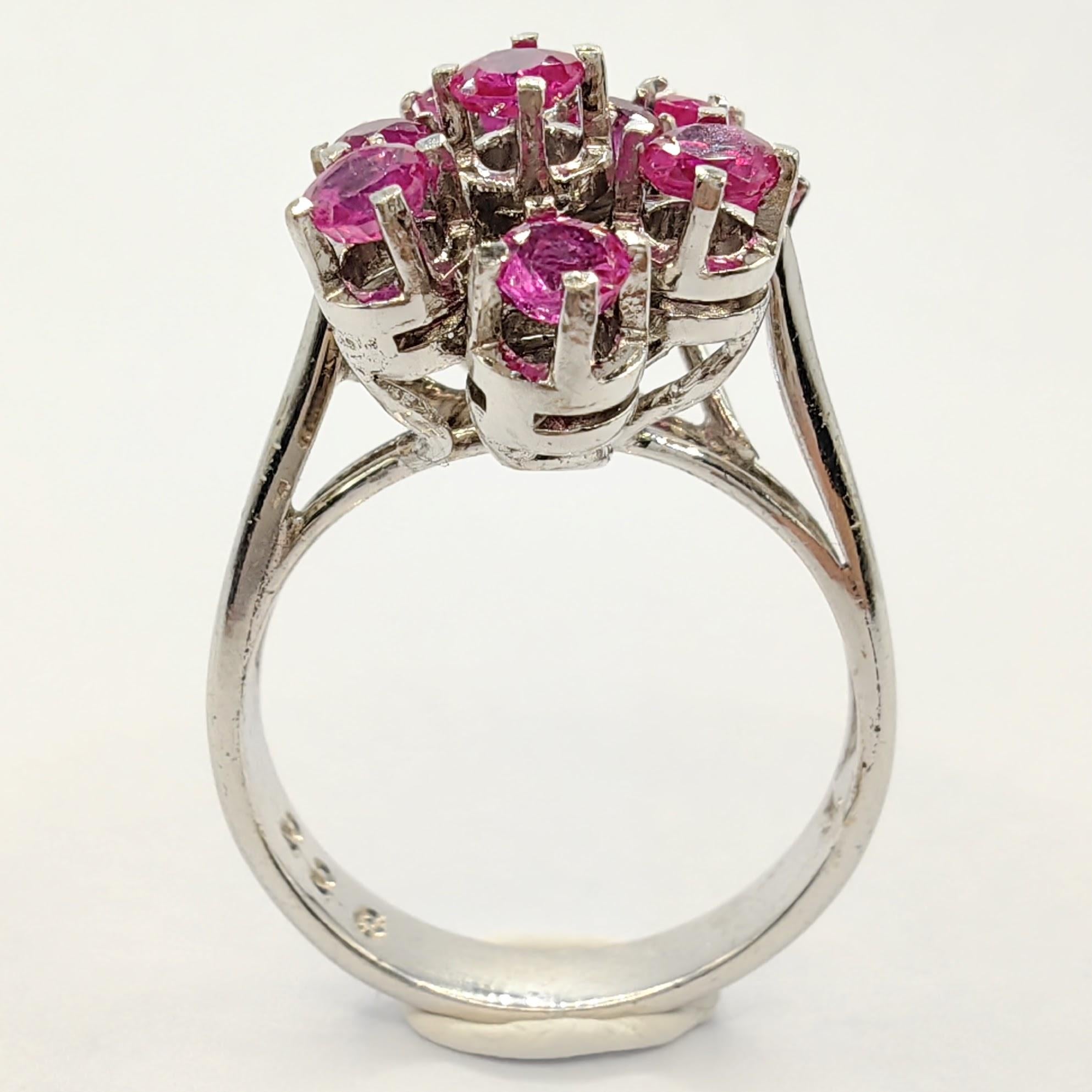 Women's Vintage Ruby Cluster White Gold Ring with 12 Round Cut Rubies For Sale