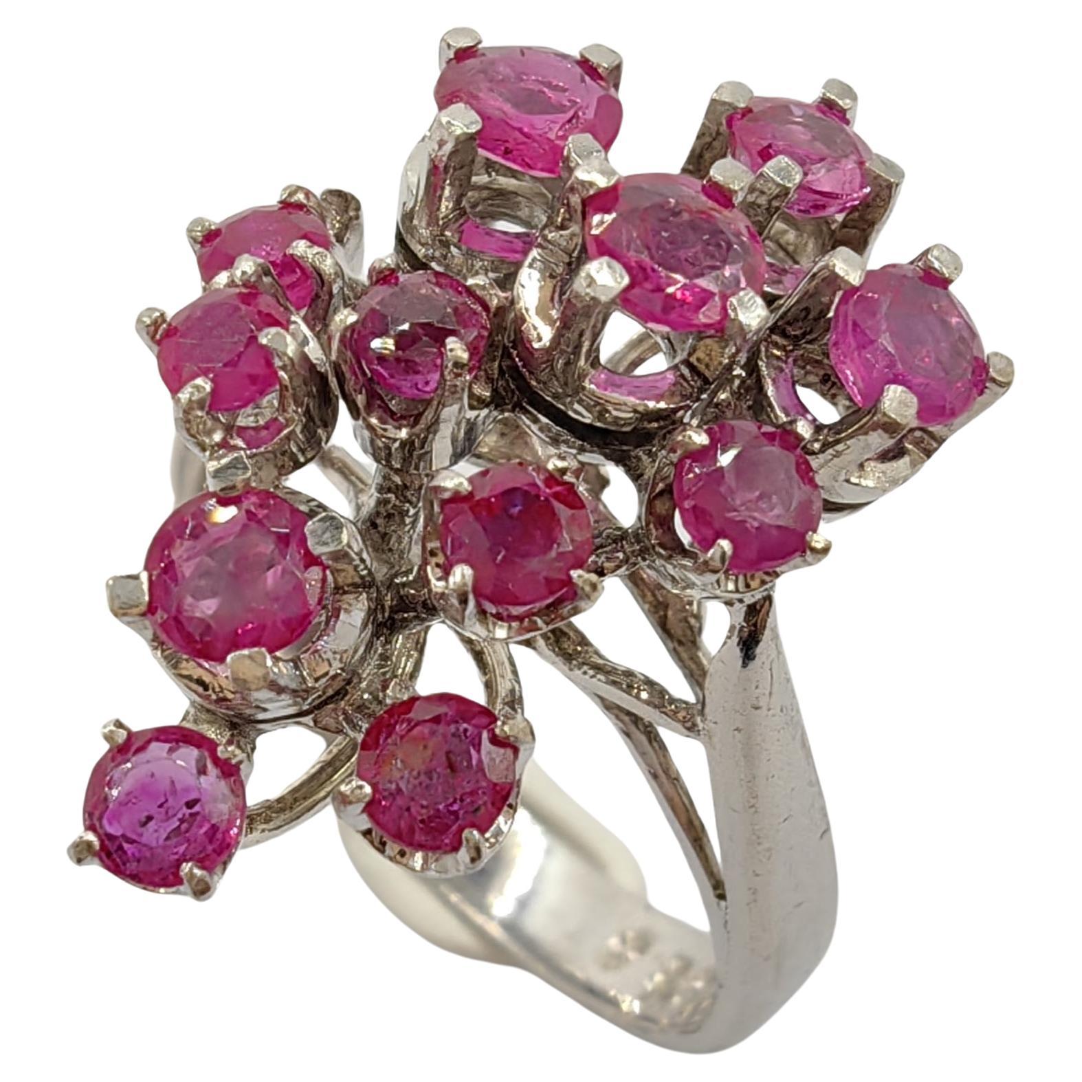 Vintage Ruby Cluster White Gold Ring with 12 Round Cut Rubies For Sale