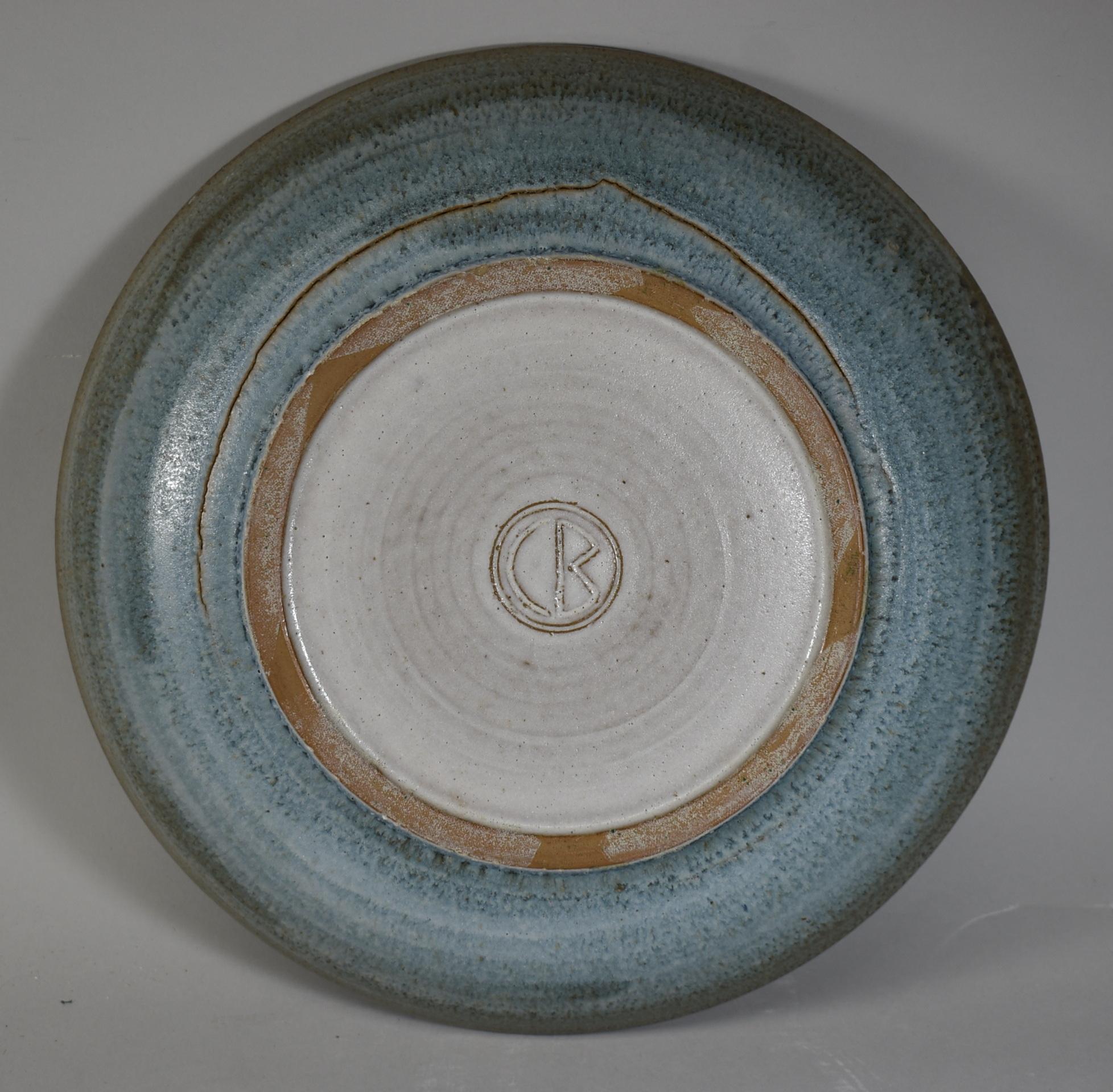 Modern Vintage Clyde Burt Ceramic Pottery Bowl 14.75 Circa 1960's Blue Rust Earth Tones For Sale