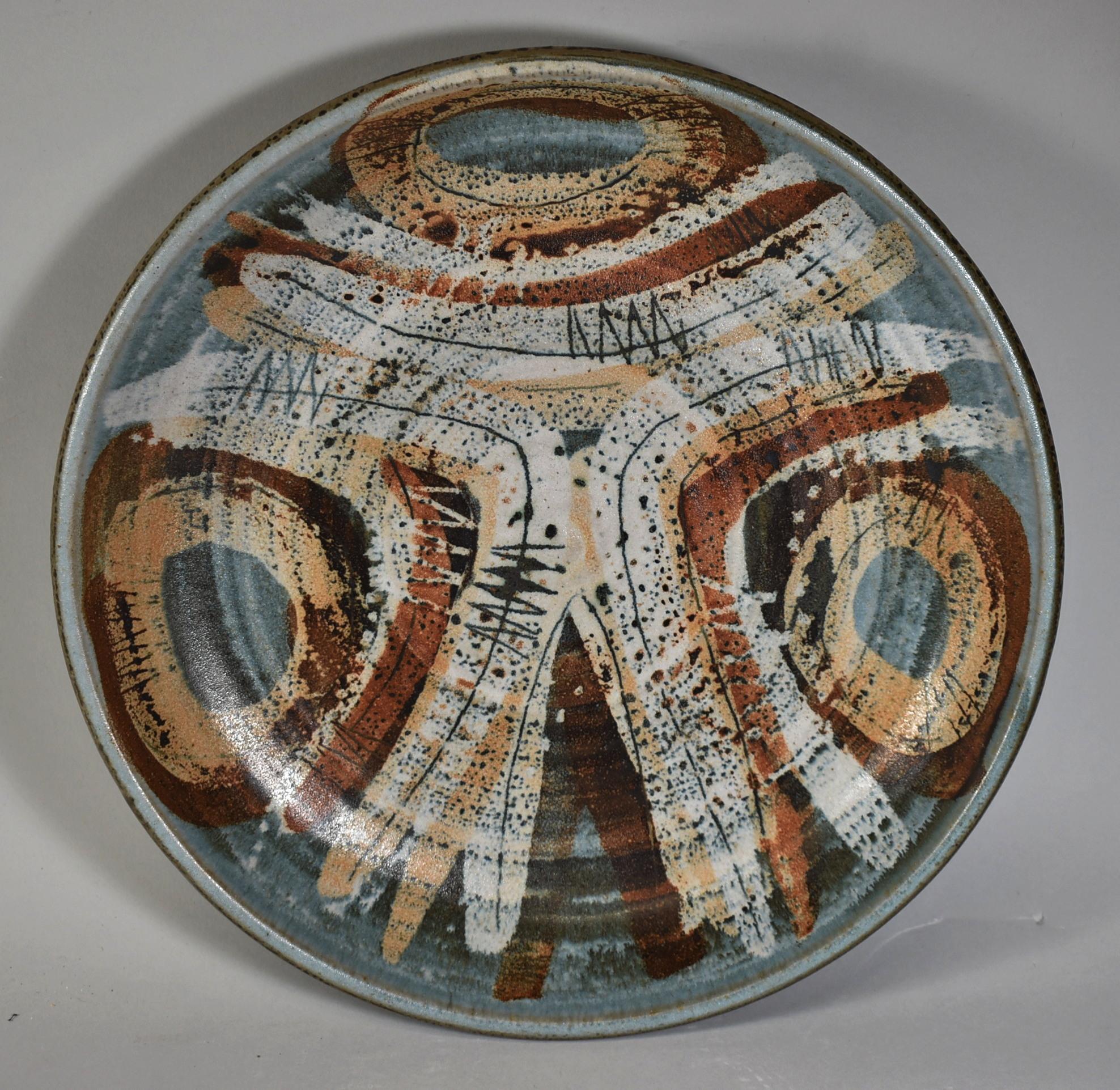 North American Vintage Clyde Burt Ceramic Pottery Bowl 14.75 Circa 1960's Blue Rust Earth Tones For Sale