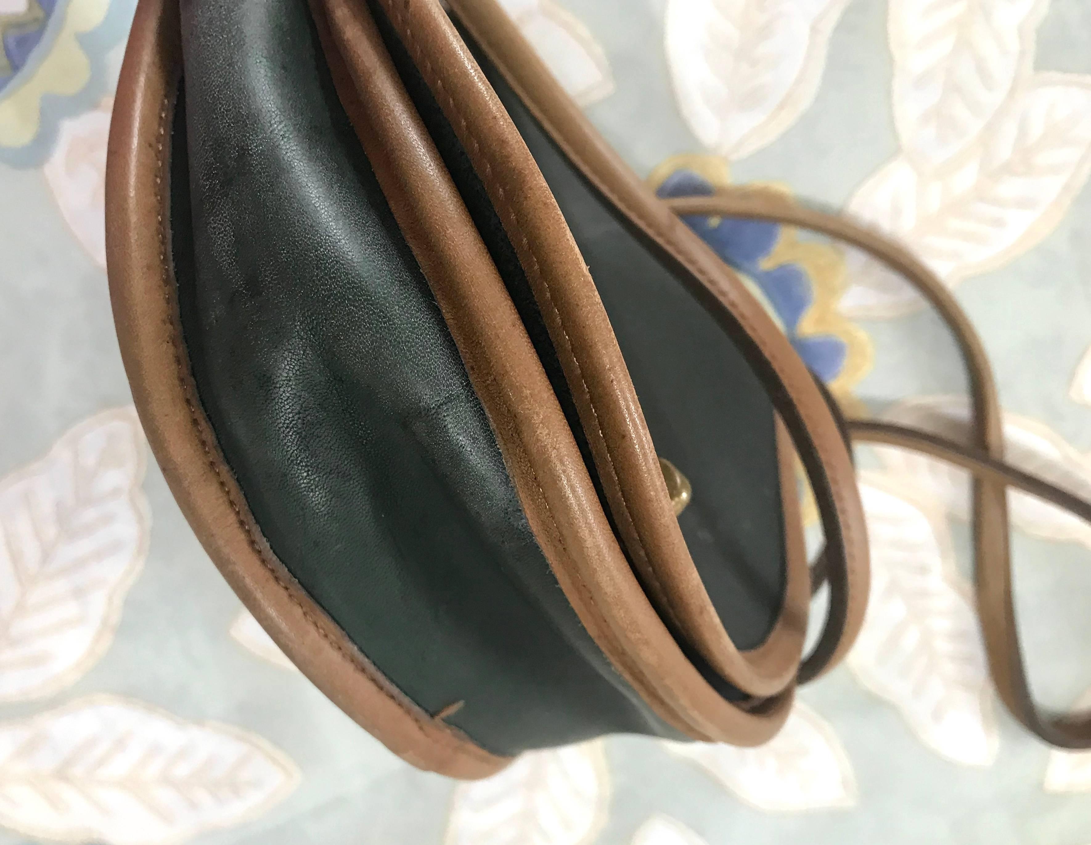 Beige Vintage COACH genuine khaki and brown leather mini shoulder bag. For Sale