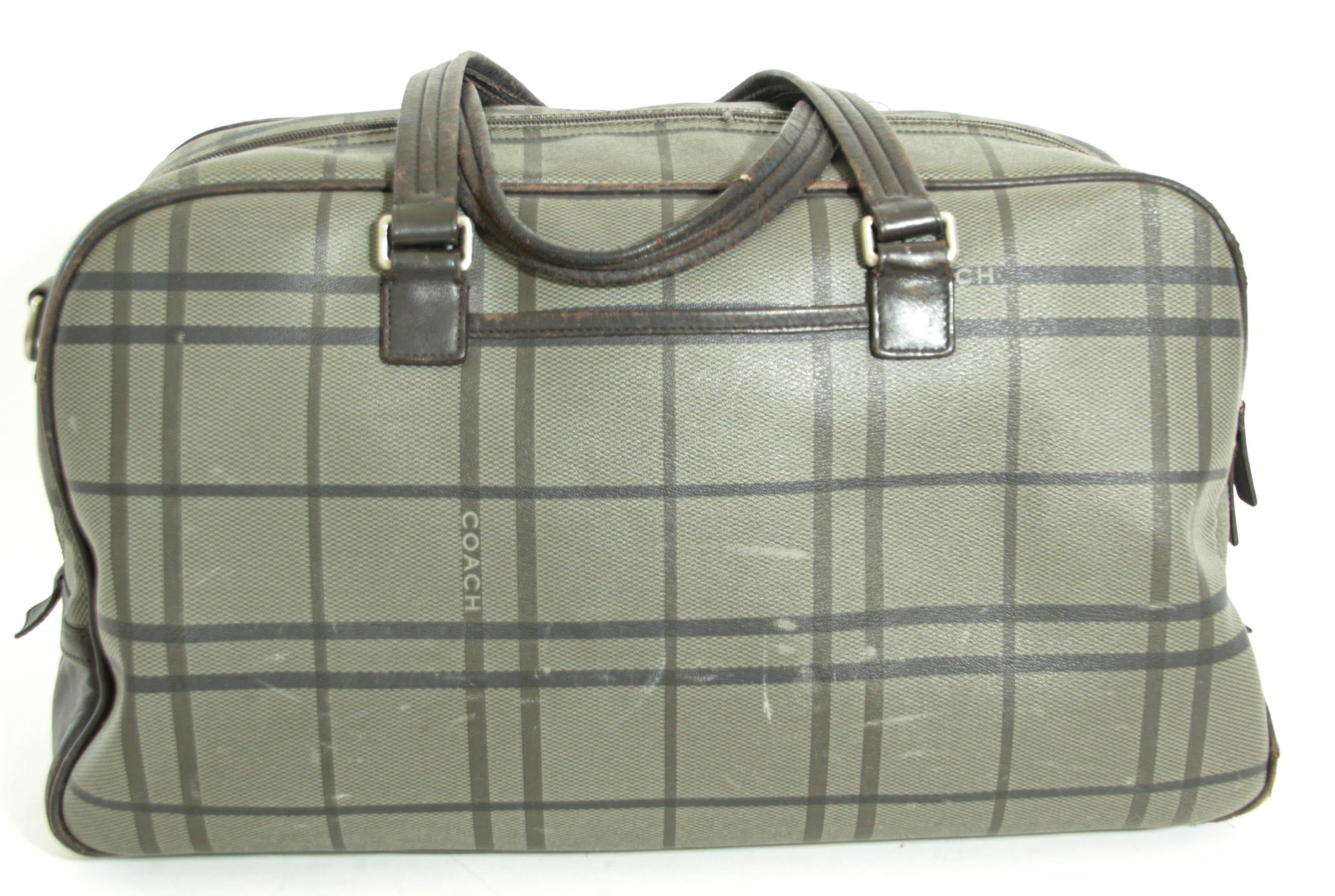 Gray Vintage Coach Large Plaid Duffle Bag Travel Weekender For Sale