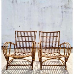 Vintage Coastal 1950s Bent Rattan Arm Chairs, a Pair