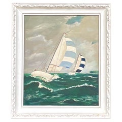 Vintage Coastal 1960 Signed Sailboat Painting on Canvas