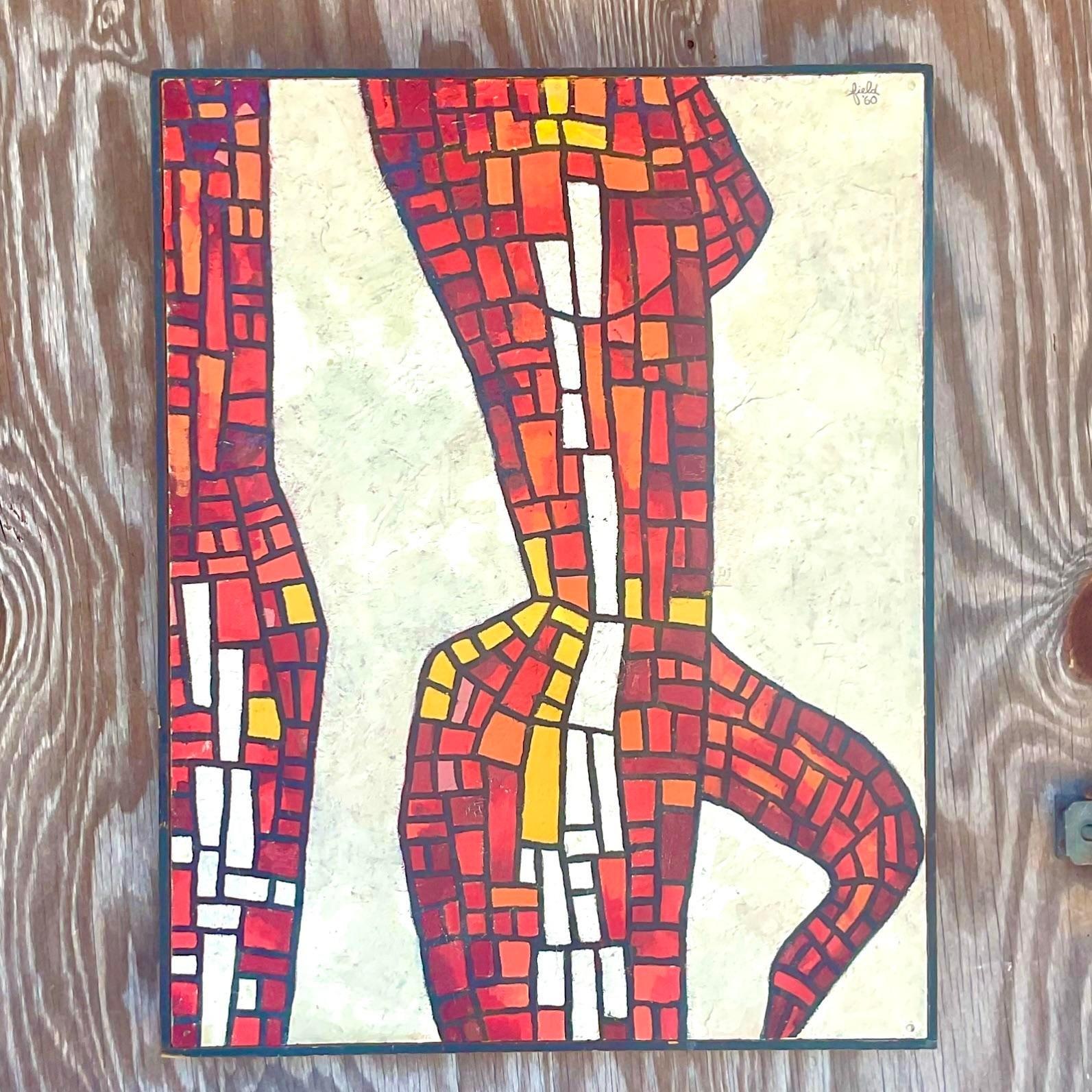 Ein fabelhaftes Original-Ölgemälde im Boho-Stil. Eine schicke abstrakte expressionistische Komposition in leuchtenden Rot- und Orangetönen. Vom Künstler signiert und datiert. Erworben aus einem Nachlass in Palm Beach.