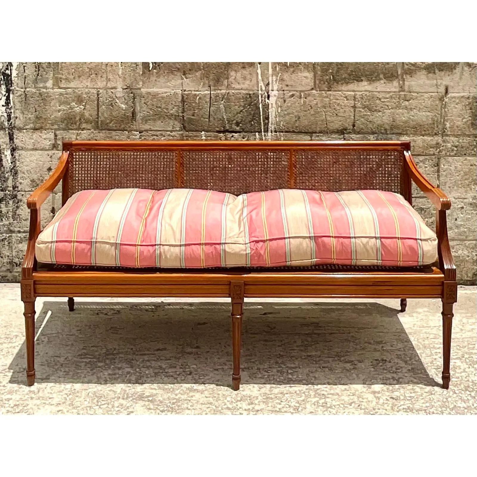 Vintage Coastal 19th Century Brazil Mahogany Caned Setee In Good Condition In west palm beach, FL