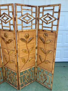 Vintage Coastal 4 Panel Burnt Bamboo Folding Screen With Floral Motif