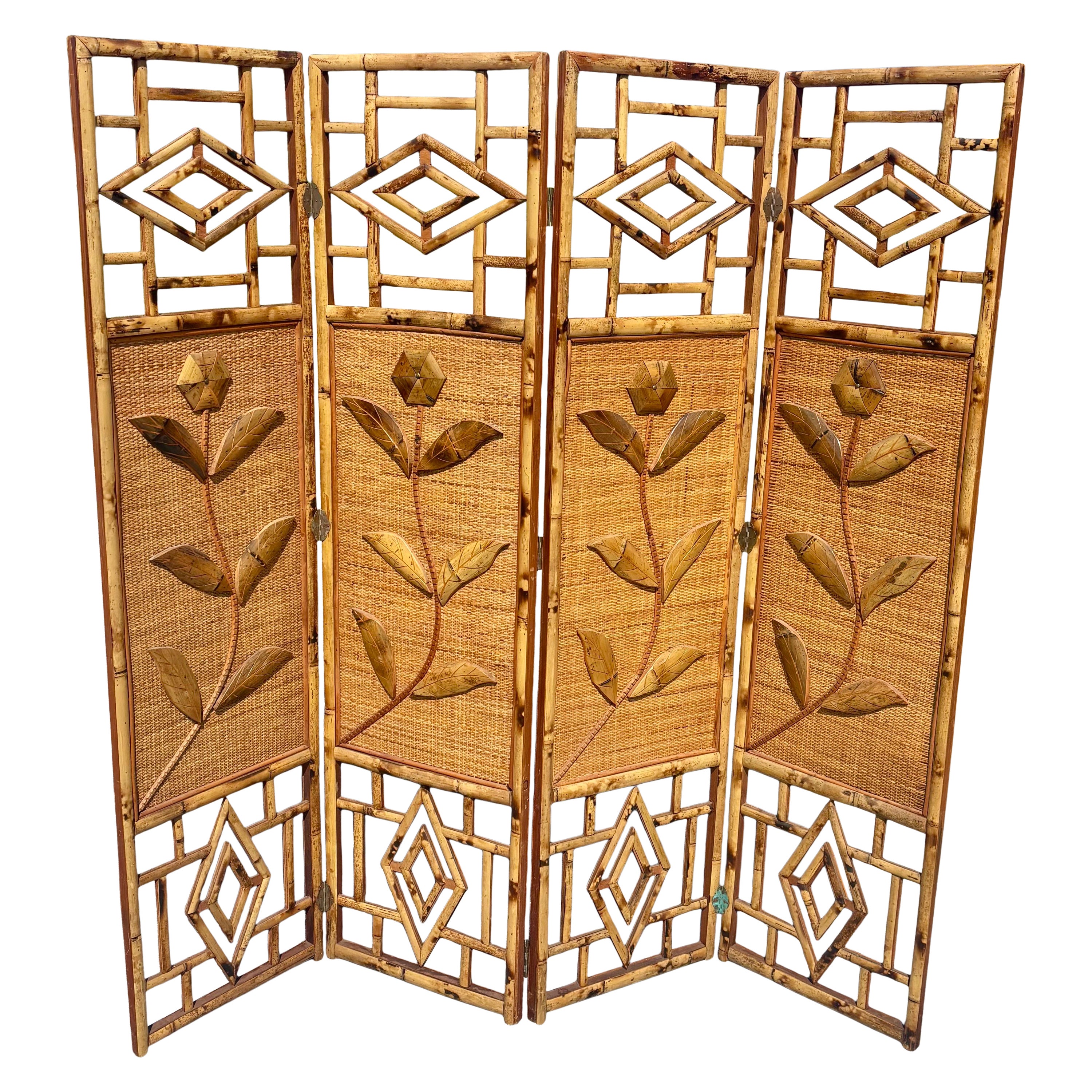 Vintage Coastal 4 Panel Burnt Bamboo Folding Screen With Floral Motif