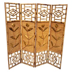 Vintage Coastal 4 Panel Burnt Bamboo Folding Screen With Floral Motif