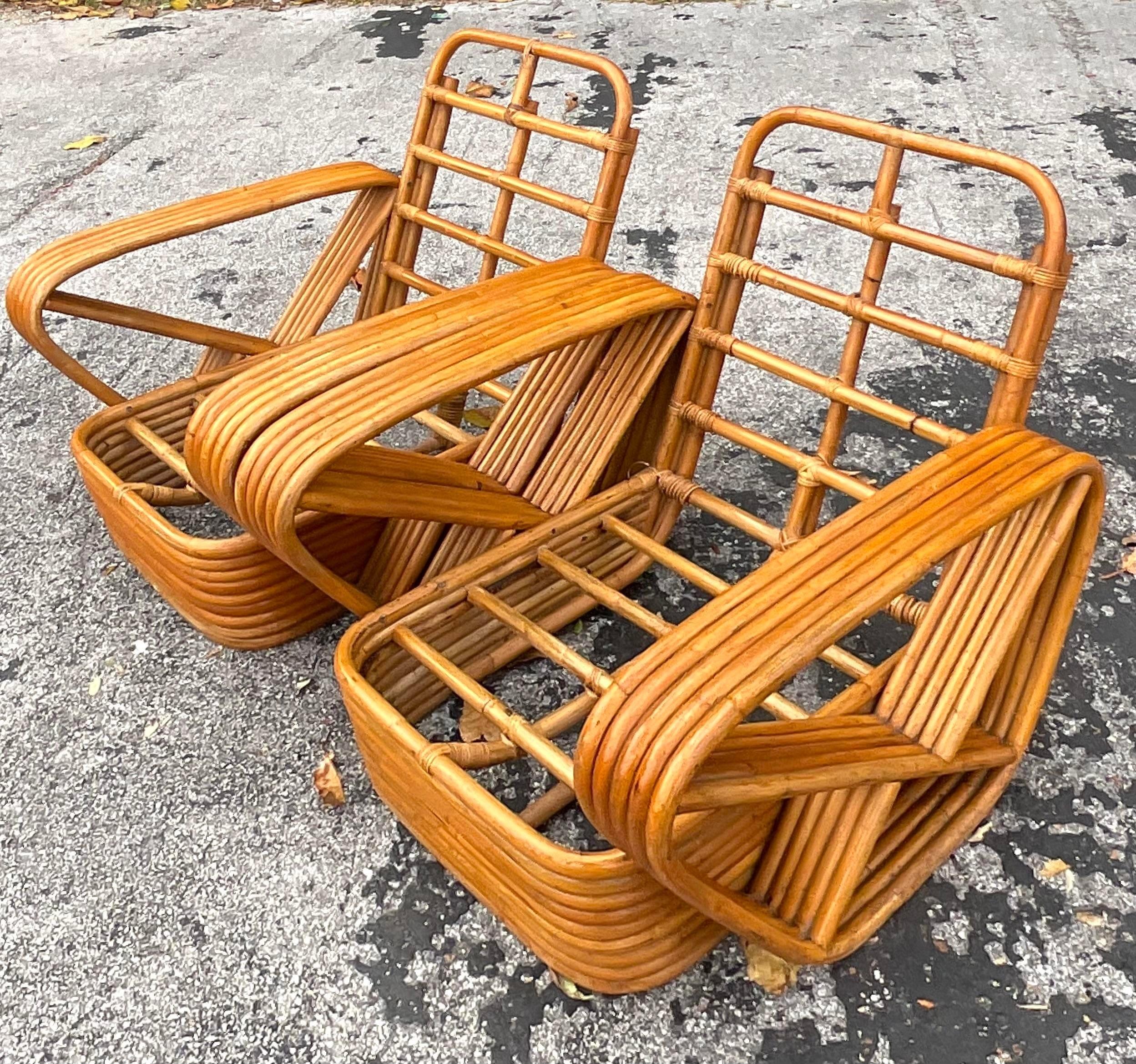 Mid-Century Modern Vintage Coastal 5 Strand Rattan Lounge Chairs After Frankl - a Pair