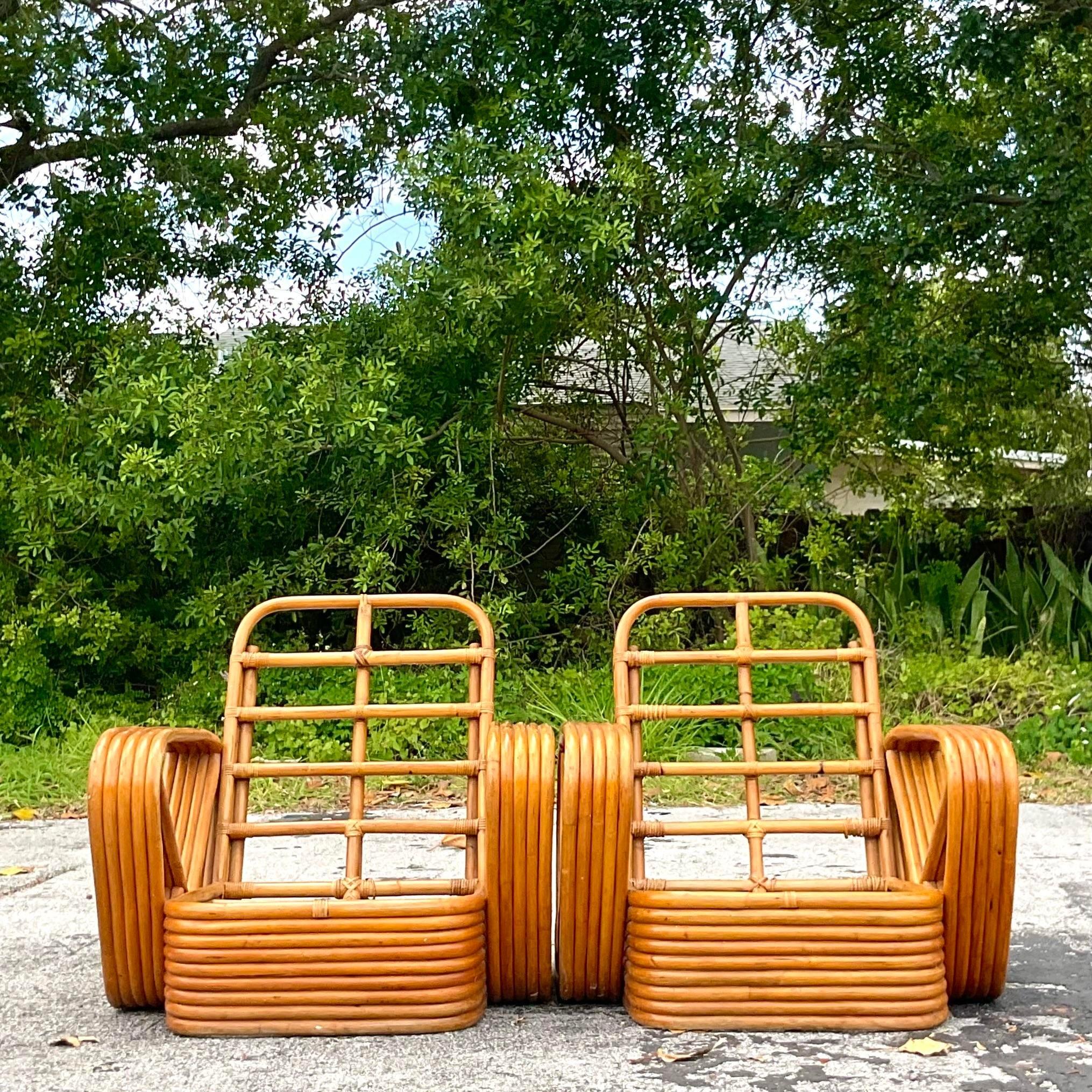Vintage Coastal 5 Strand Rattan Lounge Chairs After Frankl - a Pair In Good Condition In west palm beach, FL
