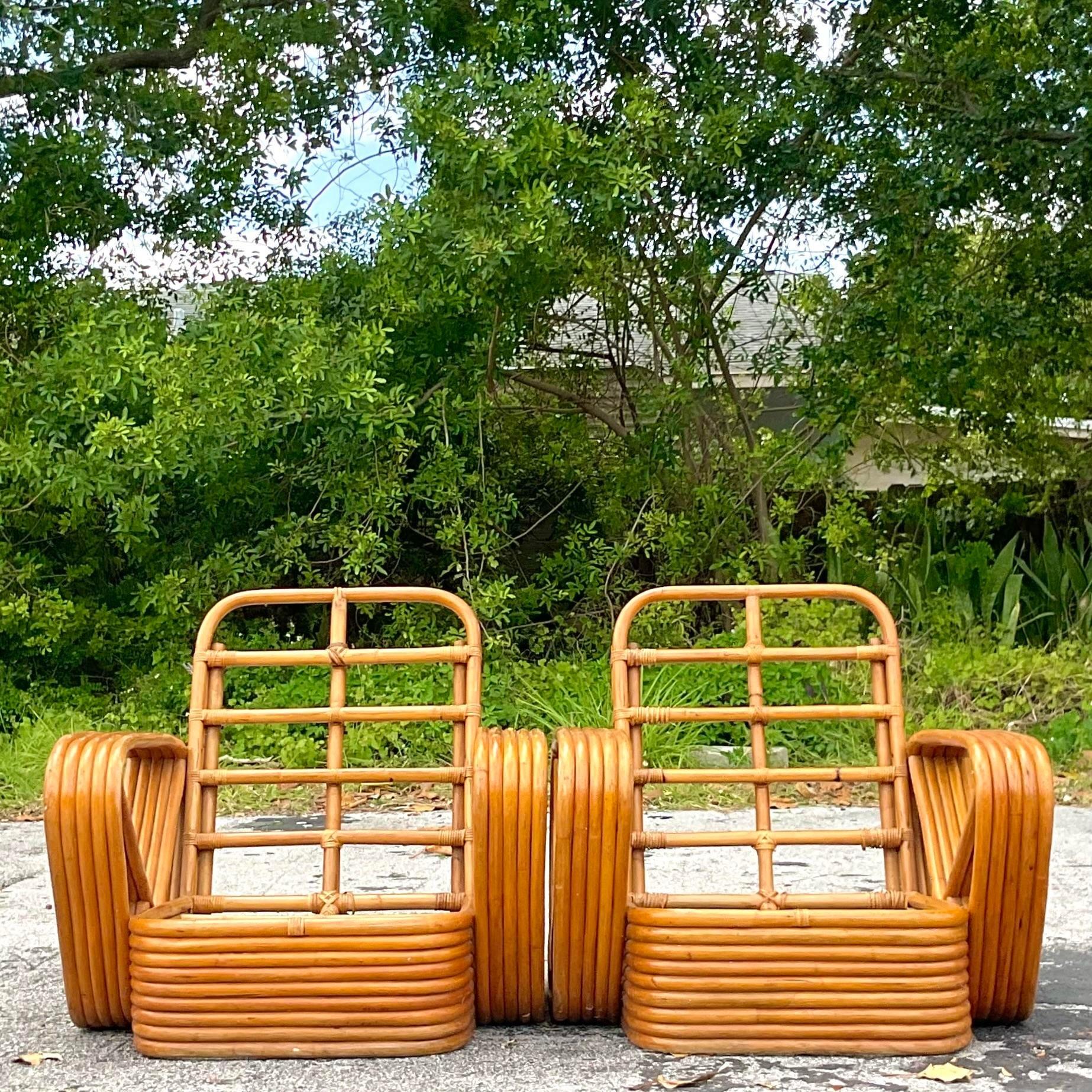 20th Century Vintage Coastal 5 Strand Rattan Lounge Chairs After Frankl - a Pair