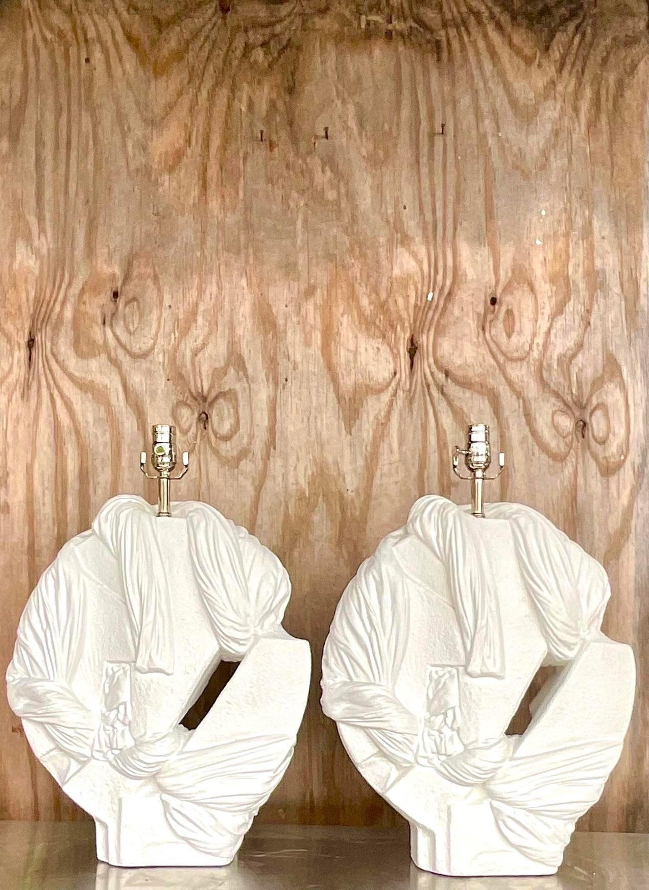 North American Vintage Coastal Abstract Knot Plaster Lamps, a Pair