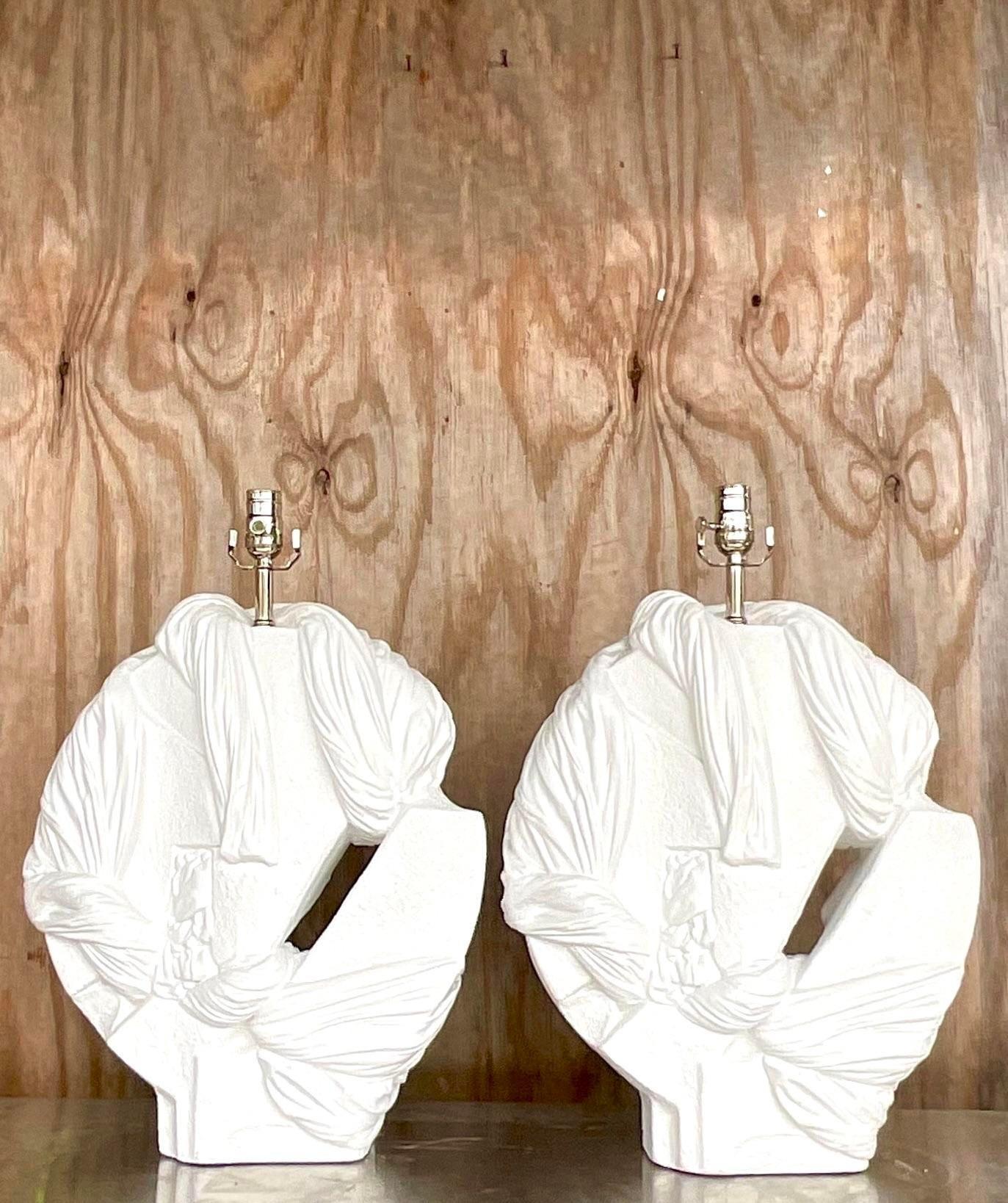 Vintage Coastal Abstract Knot Plaster Lamps, a Pair In Good Condition In west palm beach, FL