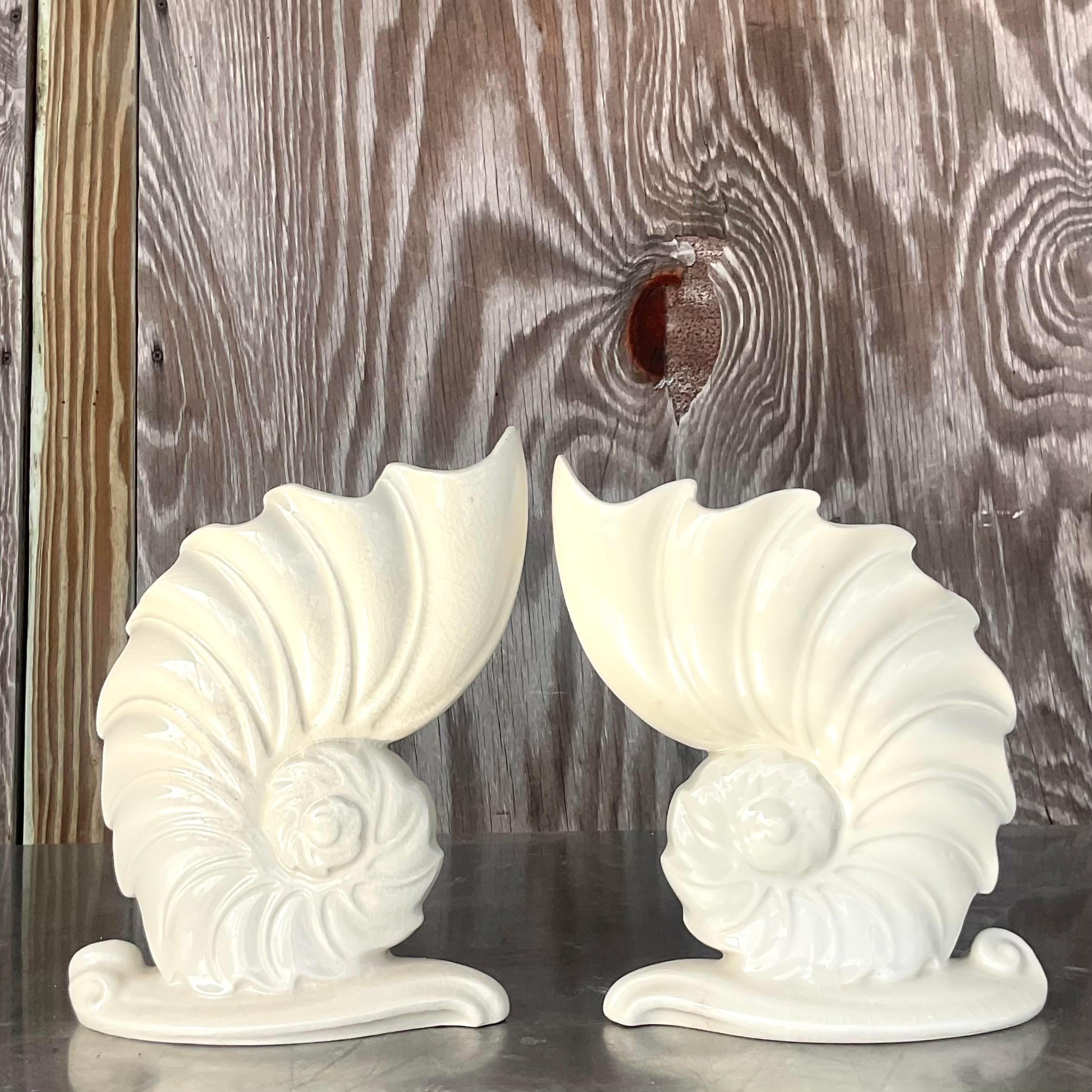 North American Vintage Coastal Abstract Nautilus Shell Glazed Ceramic Vases - a Pair For Sale