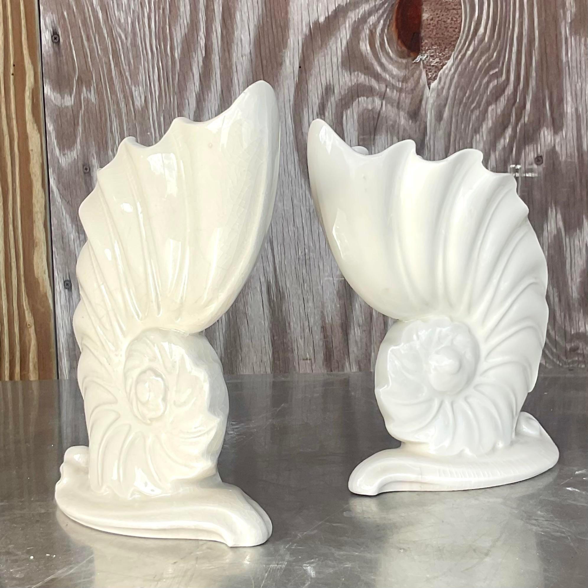 Vintage Coastal Abstract Nautilus Shell Glazed Ceramic Vases - a Pair In Good Condition For Sale In west palm beach, FL