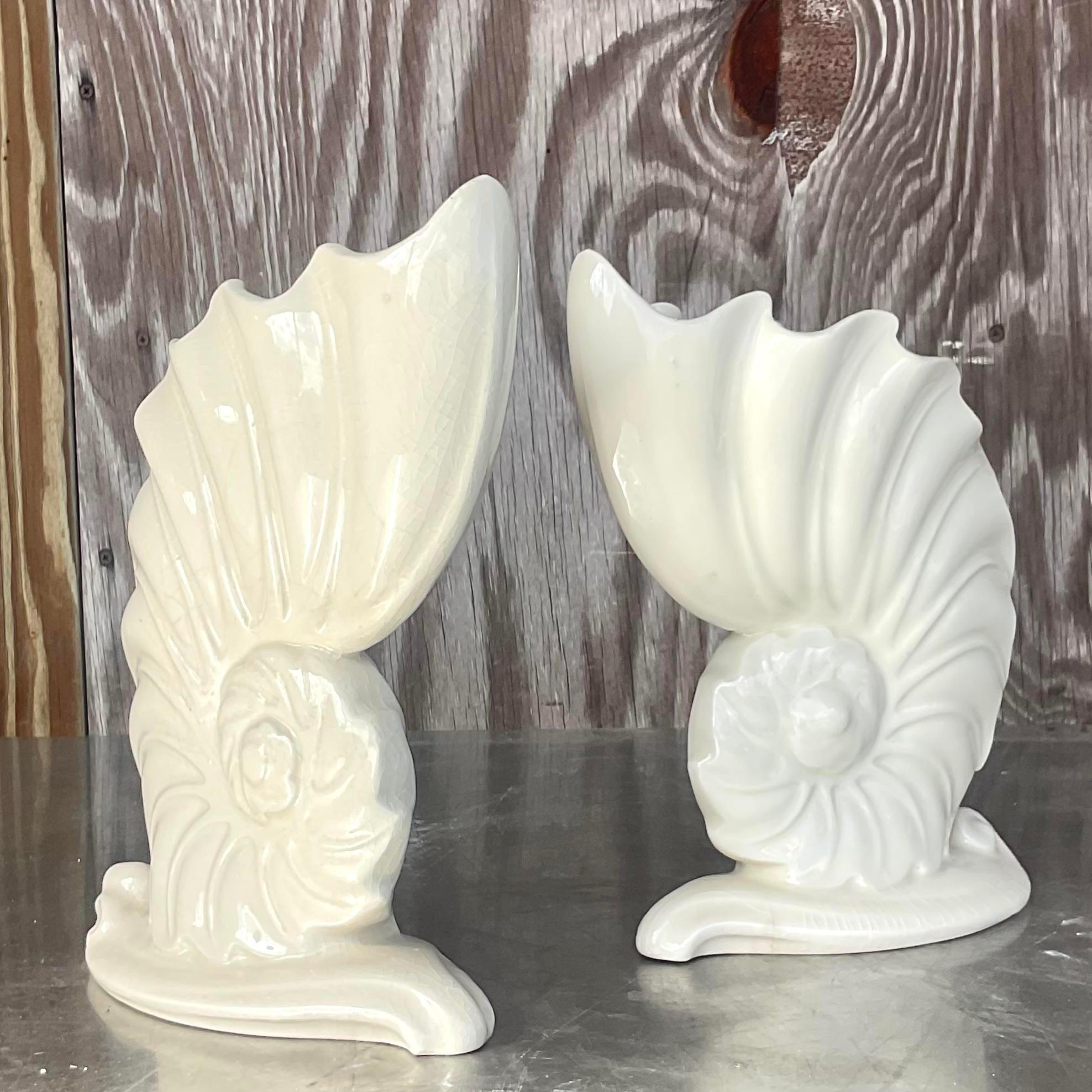 20th Century Vintage Coastal Abstract Nautilus Shell Glazed Ceramic Vases - a Pair For Sale
