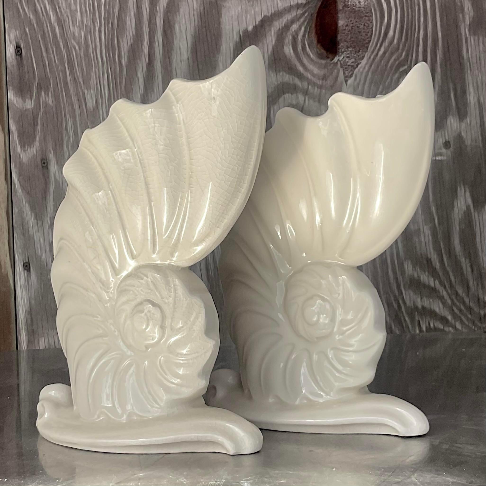 Vintage Coastal Abstract Nautilus Shell Glazed Ceramic Vases - a Pair For Sale 1
