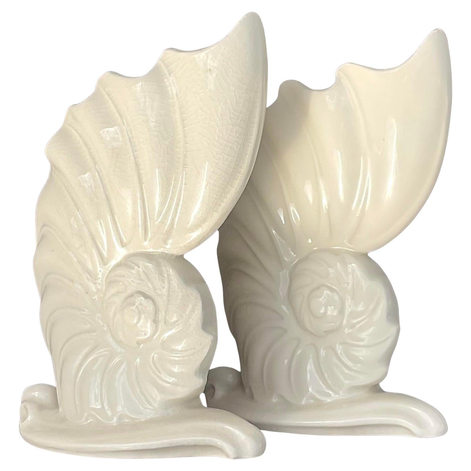 Vintage Coastal Abstract Nautilus Shell Glazed Ceramic Vases - a Pair For Sale