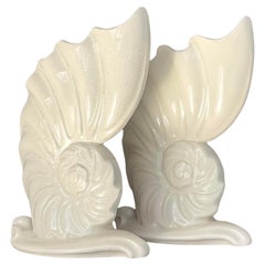 Vintage Coastal Abstract Nautilus Shell Glazed Ceramic Vases - a Pair