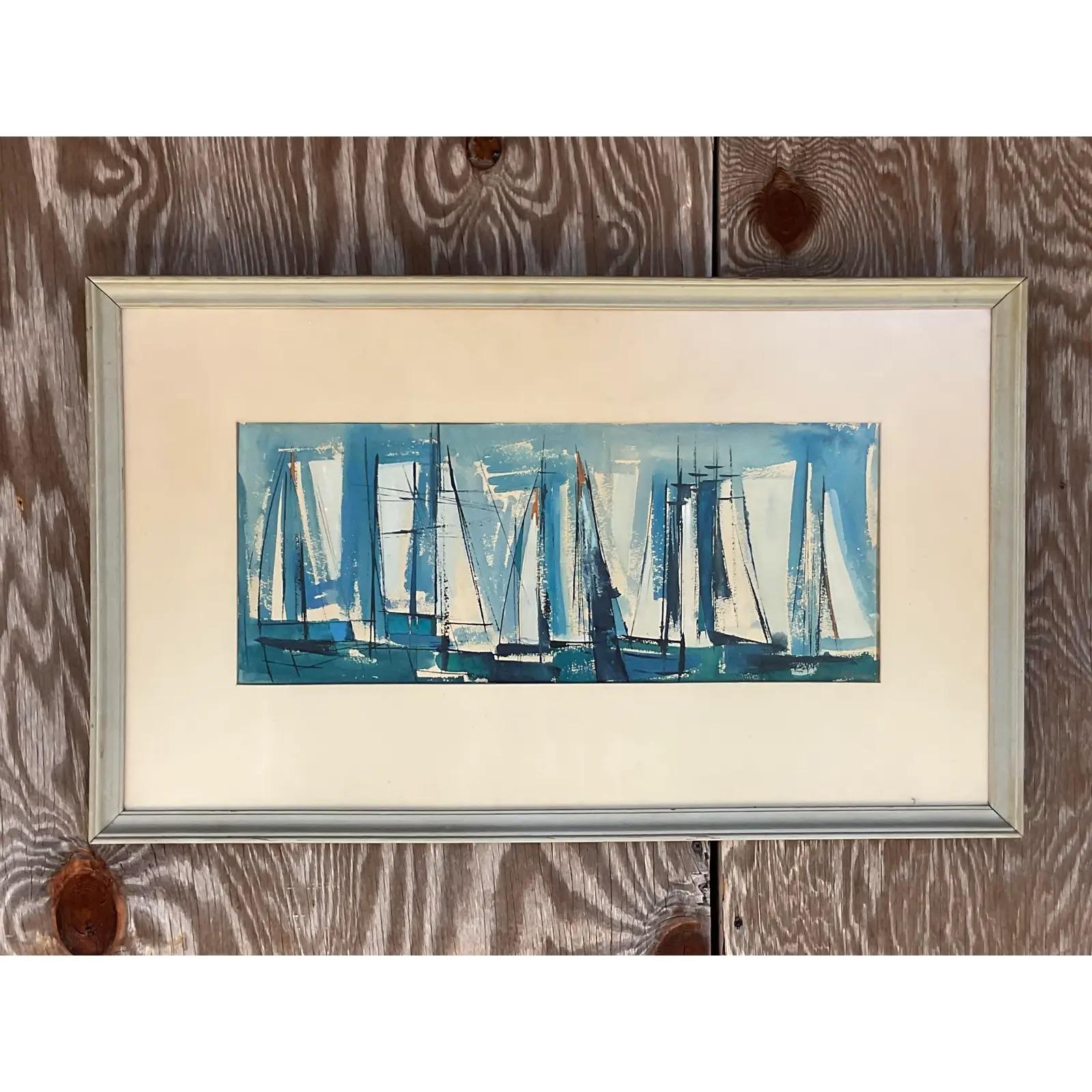 A fantastic vintage Coastal watercolor painting. A beautiful Abstract composition of sailboats in bright clear colors. Signed. Acquired from a Palm Beach estate.