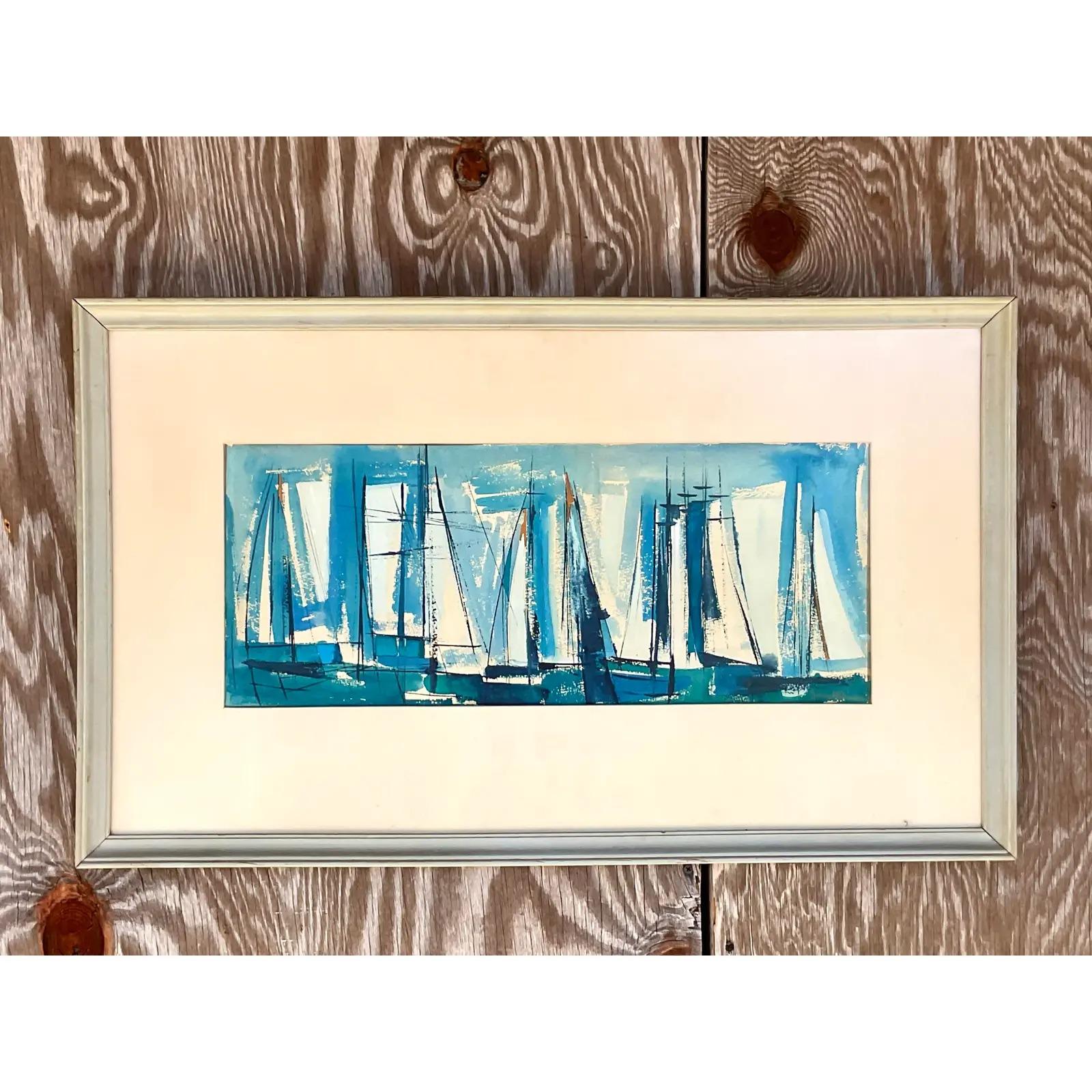 Vintage Coastal Abstract Signed Original Watercolor Painting In Good Condition For Sale In west palm beach, FL