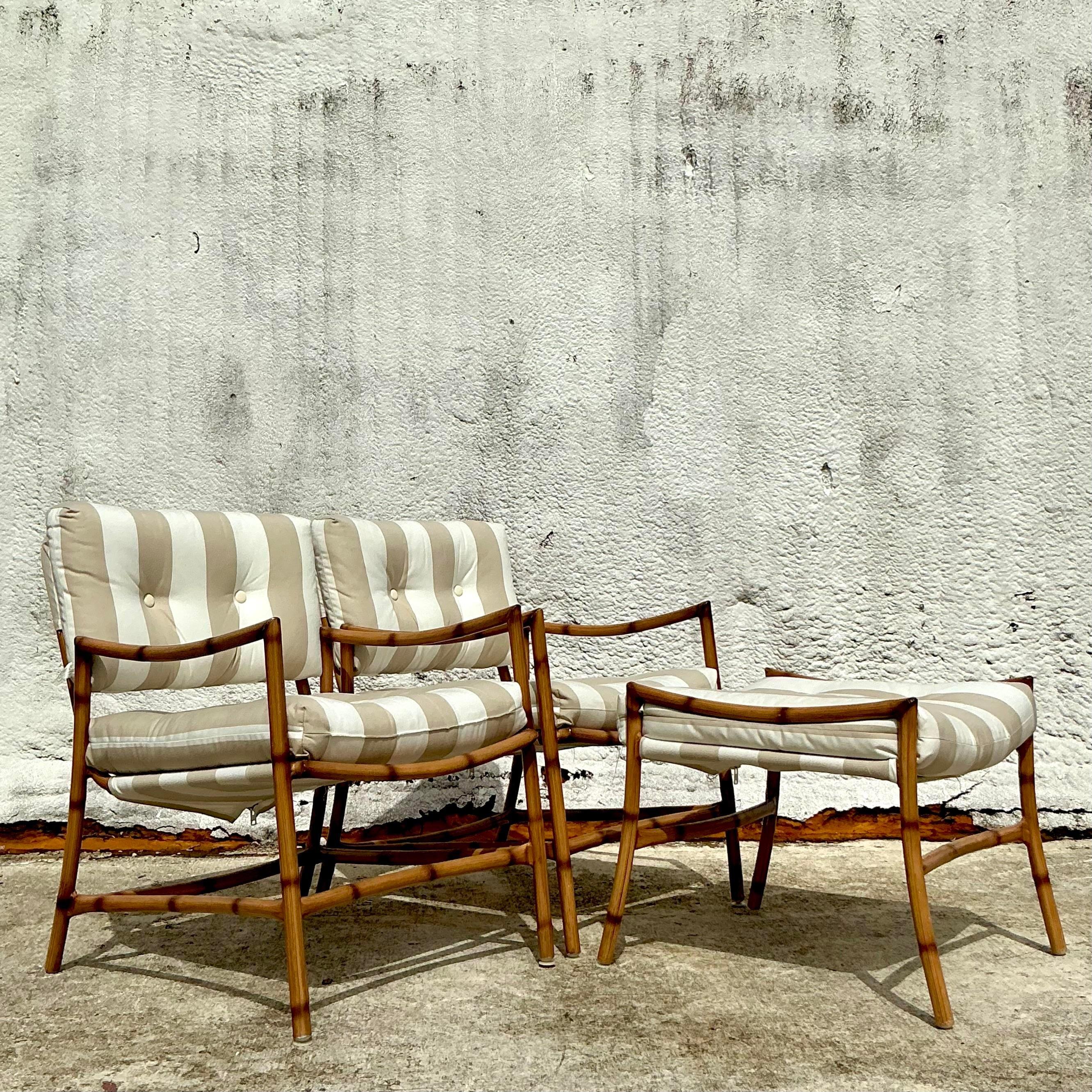 Upgrade your outdoor space with this Vintage Coastal Aluminum Faux Bamboo Outdoor Set. Featuring two chairs and matching ottomans, this set combines coastal charm with American style. The faux bamboo design and durable aluminum construction offer