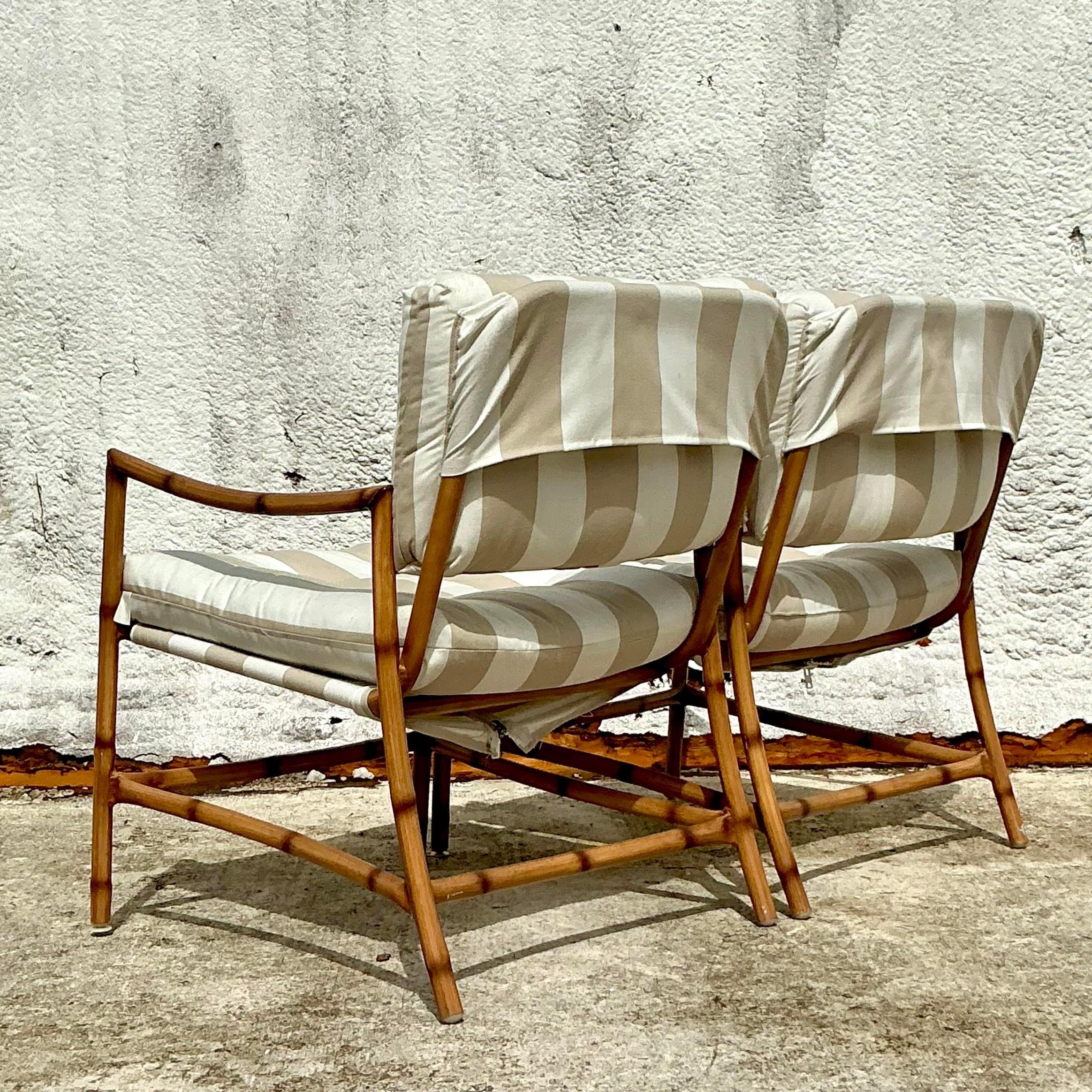 Vintage Coastal Aluminum Faux Bamboo Outdoor Set - 2 Chairs and Ottomans In Good Condition For Sale In west palm beach, FL