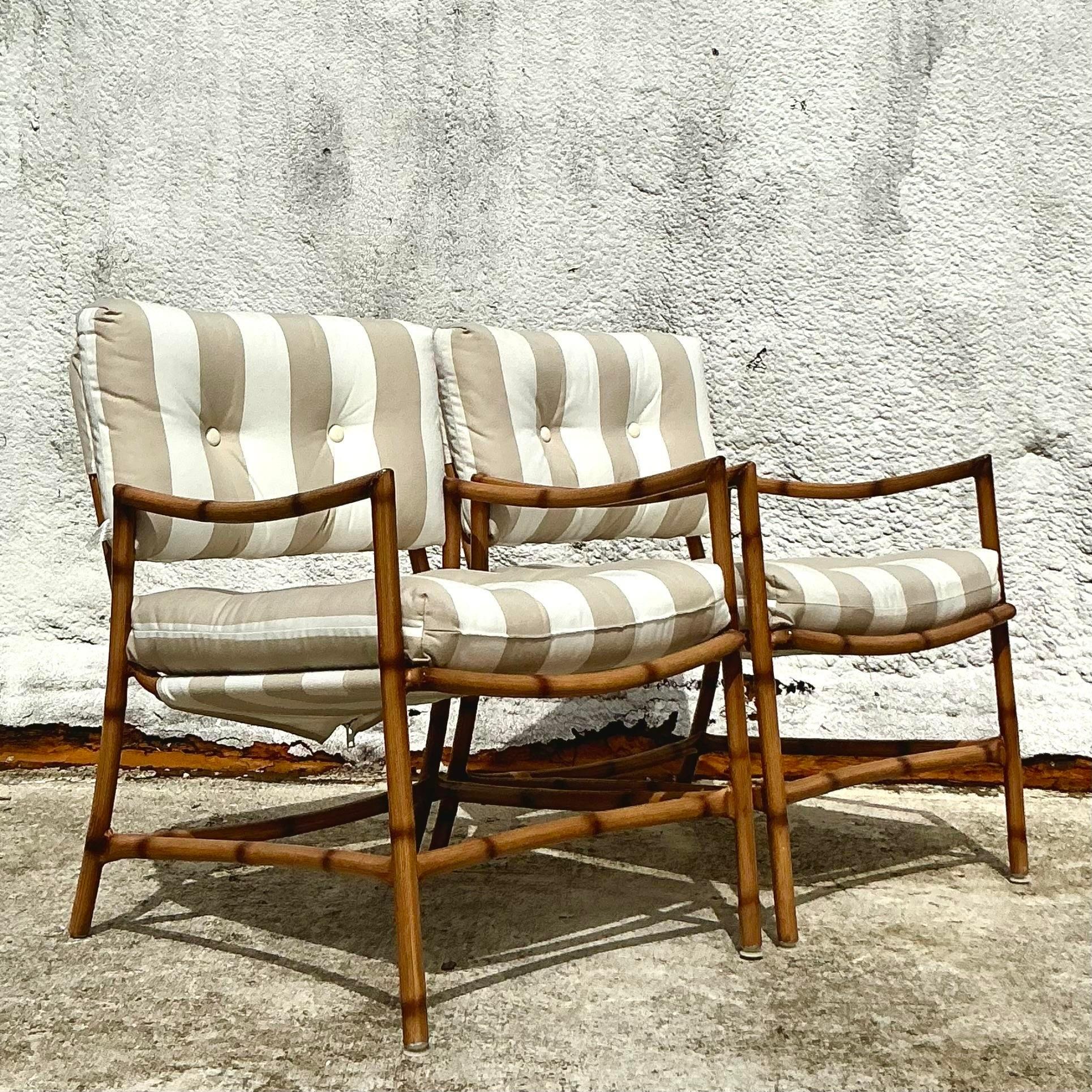 20th Century Vintage Coastal Aluminum Faux Bamboo Outdoor Set - 2 Chairs and Ottomans For Sale