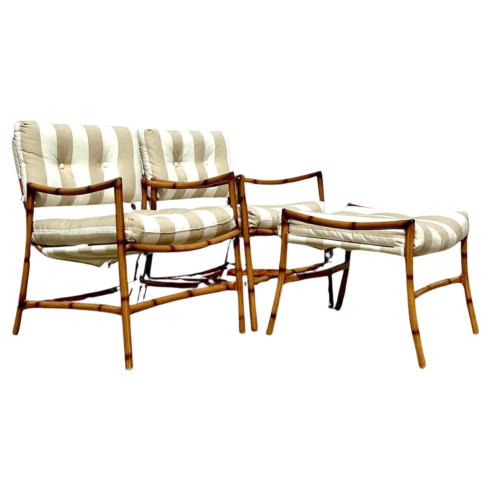 Vintage Coastal Aluminum Faux Bamboo Outdoor Set - 2 Chairs and Ottomans