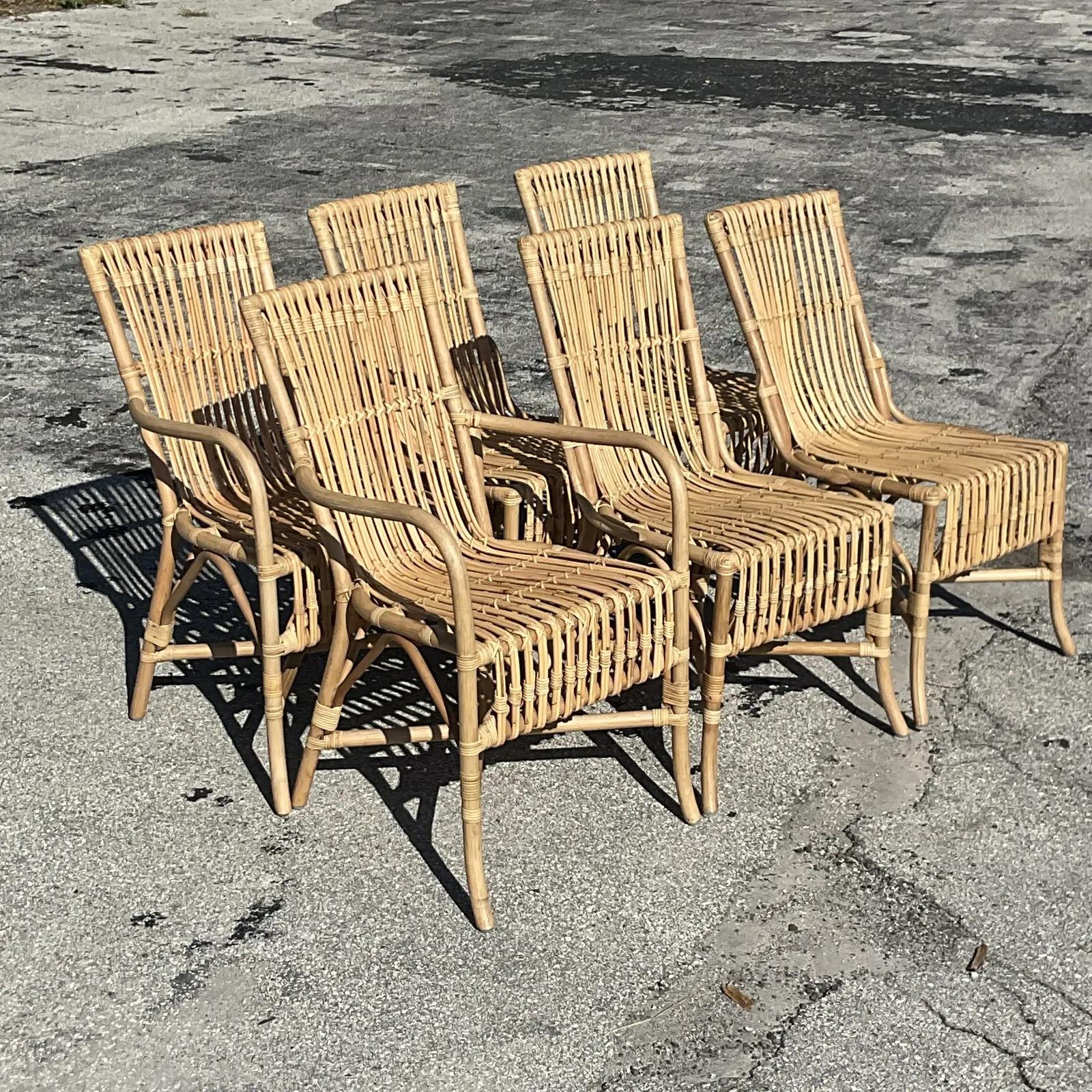 Philippine Vintage Coastal Amanda Lindroth “Ca’Liza” Rattan Side Chairs, Set of 6