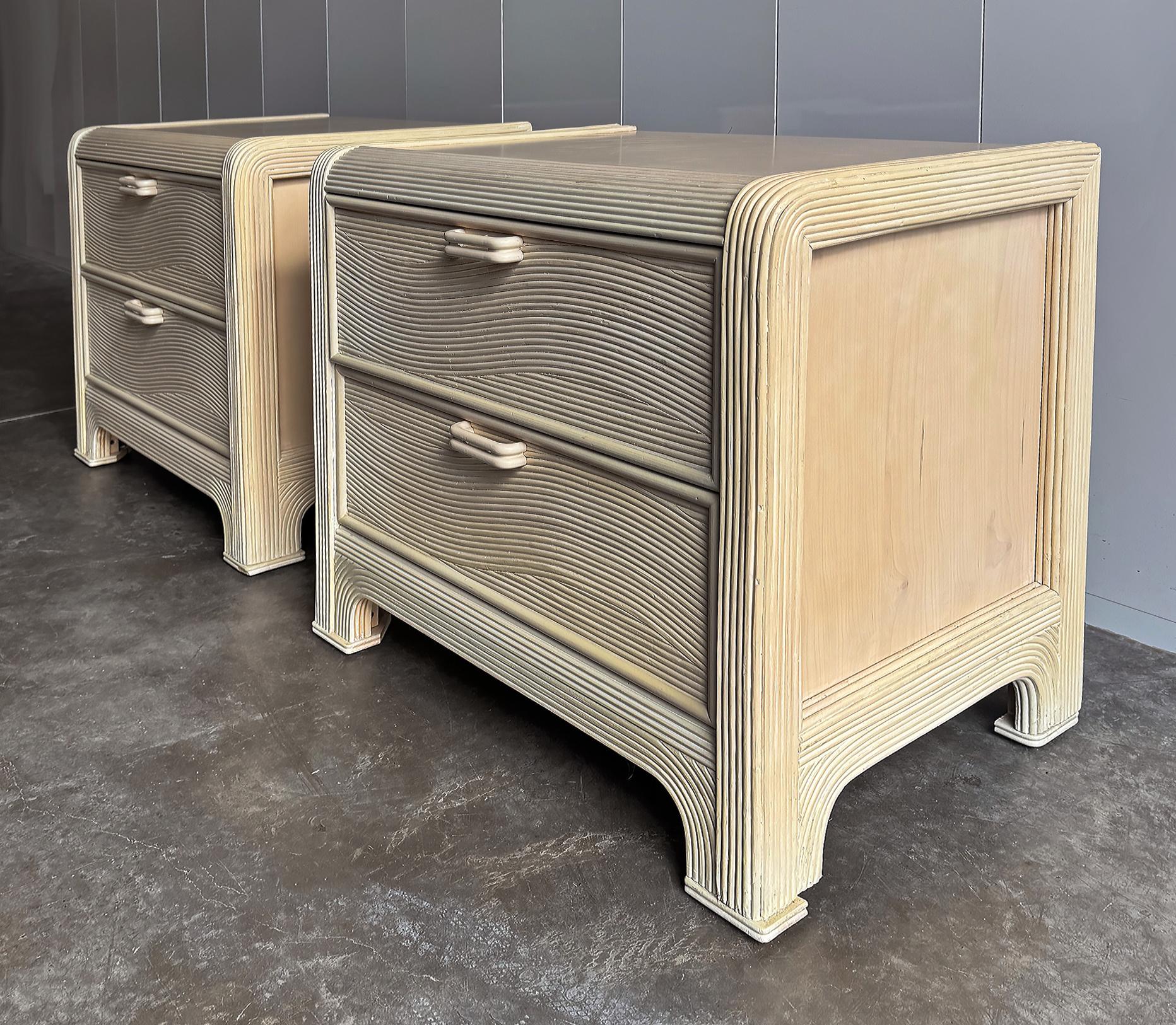 Vintage Coastal American Drew Pencil Reed Nightstands, Pair

Offered for sale is a pair of Boho Chic pencil reed nightstands that provide a blend of unique texture, bohemian spirit, fine craftsmanship, and durability. These nightstands fit