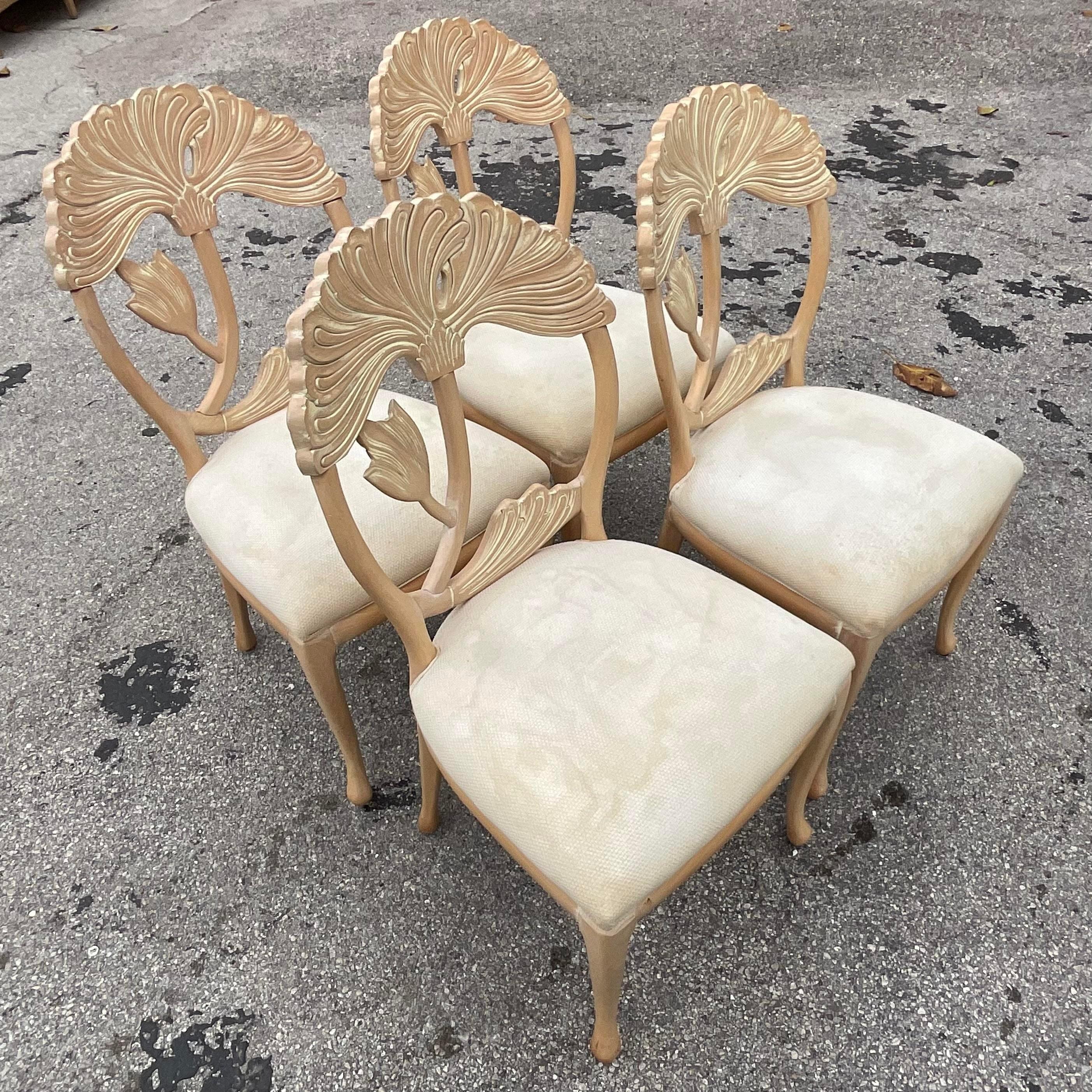 Vintage Coastal Andre Originals Carved Lily Dining Chairs - Set of 4 In Good Condition For Sale In west palm beach, FL