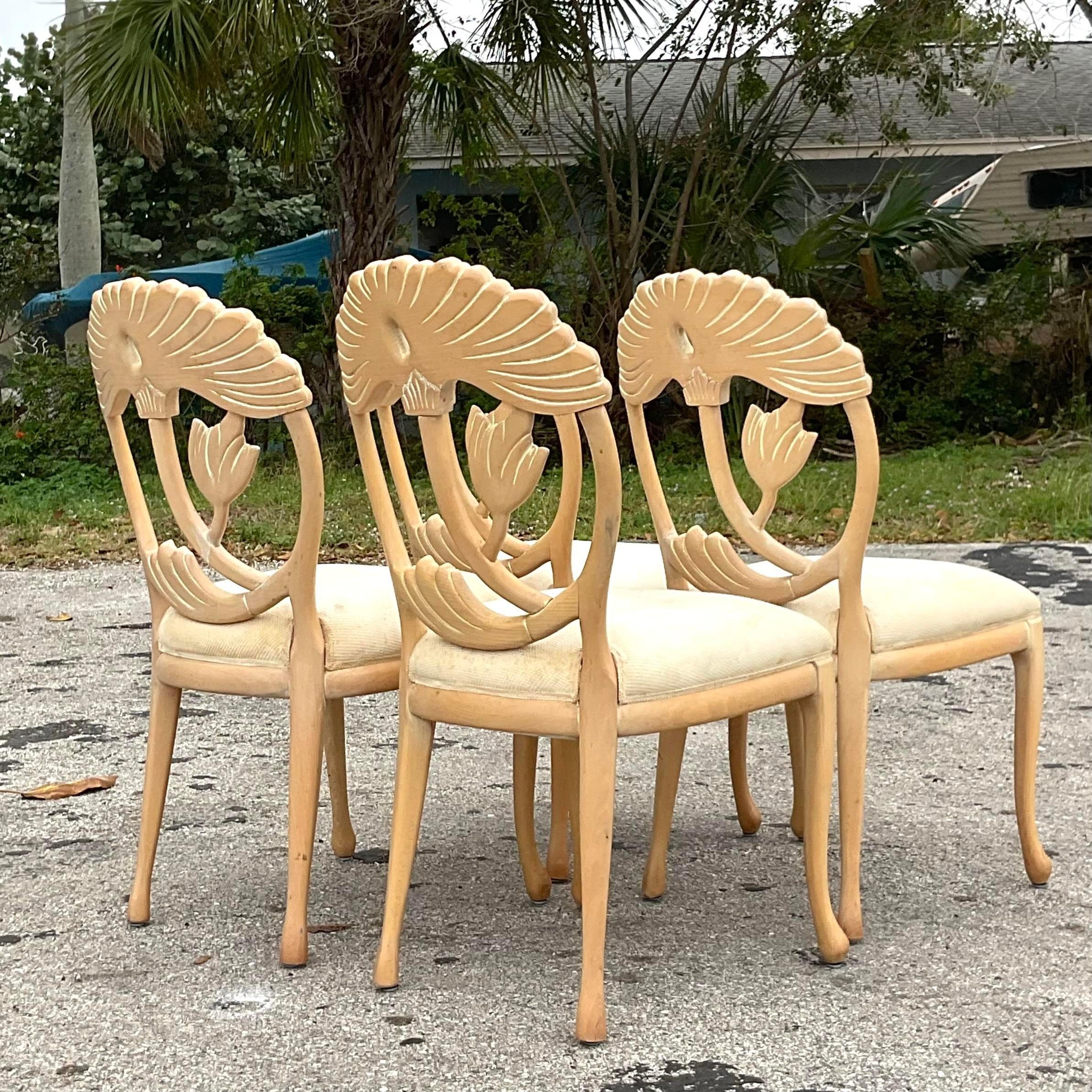 Upholstery Vintage Coastal Andre Originals Carved Lily Dining Chairs - Set of 4 For Sale